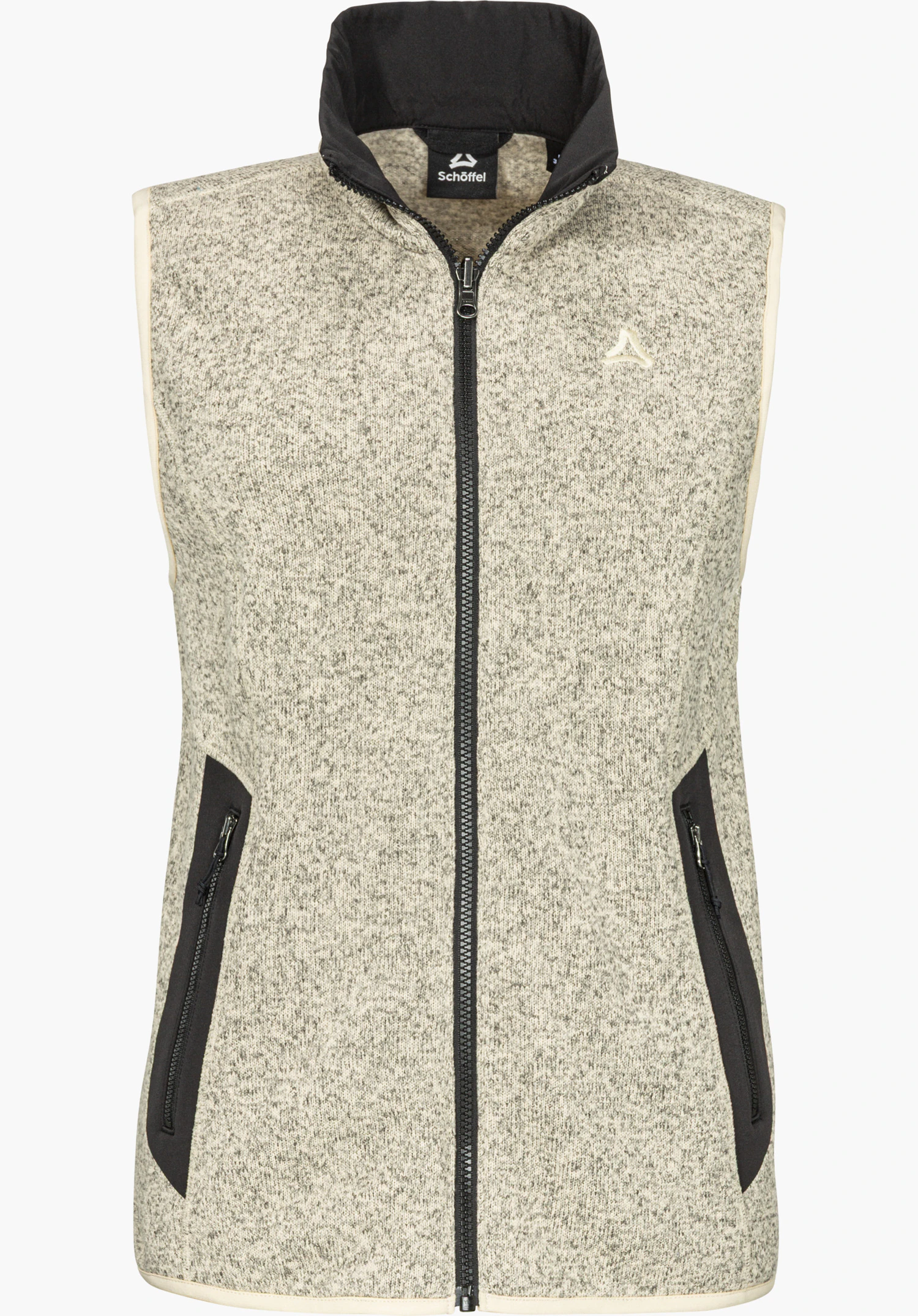 CIRC Fleece Vt Style Yew WMN vest with ZipIn! function in beige, shown from the front with a full-length zipper, stand-up collar, black side pockets and visible Schöffel logo, isolated on a white background.