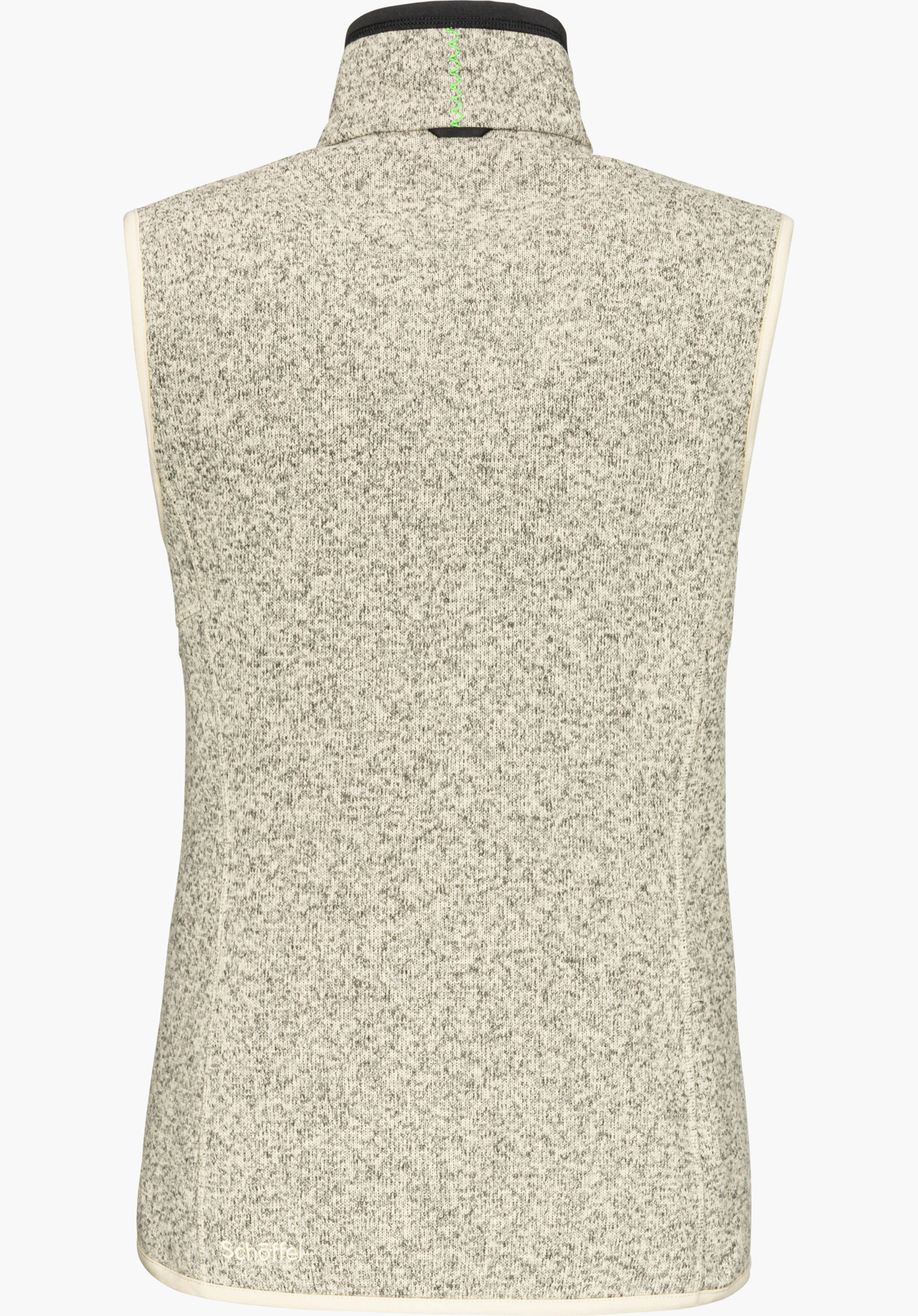 CIRC Fleece Vt Style Yew WMN vest met ZipIn!-functie in beige, achteraanzicht met opstaande kraag, fijne gemêleerde structuur en subtiel Schöffel-opschrift aan de onderste zoom, vrijstaand op een witte achtergrond.