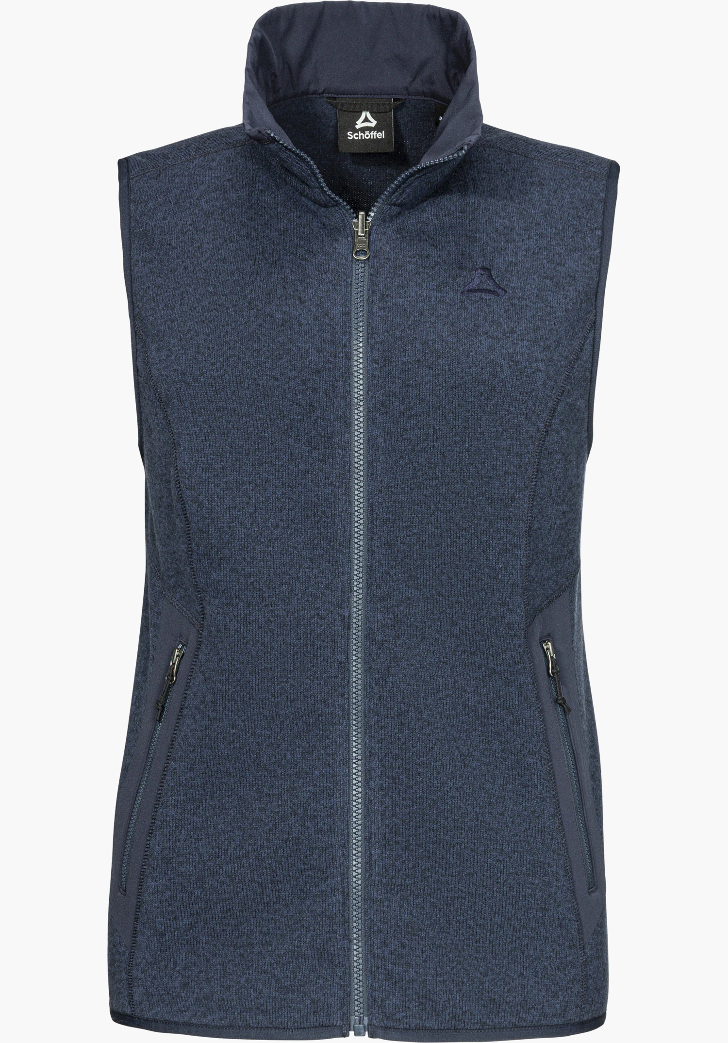 CIRC Fleece Vt Style Yew WMN vest with ZipIn! function in blue, designed as a fleece vest with a full-length zipper, stand-up collar, zippered side pockets and embroidered Schöffel logo, isolated on a white background.