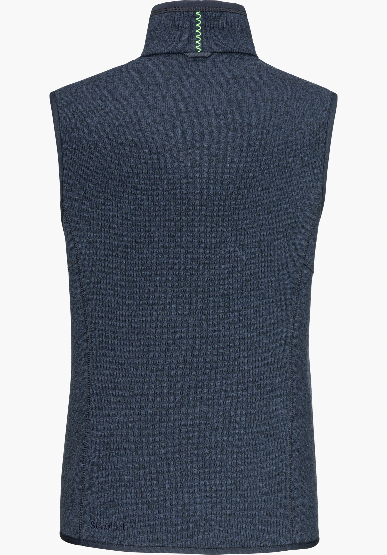 CIRC Fleece Vt Style Yew WMN vest met ZipIn!-functie in blauw, achteraanzicht met opstaande kraag, neonkleurige sierstiksels bij de kraag en Schöffel-opschrift linksonder, vrijstaand op een witte achtergrond.