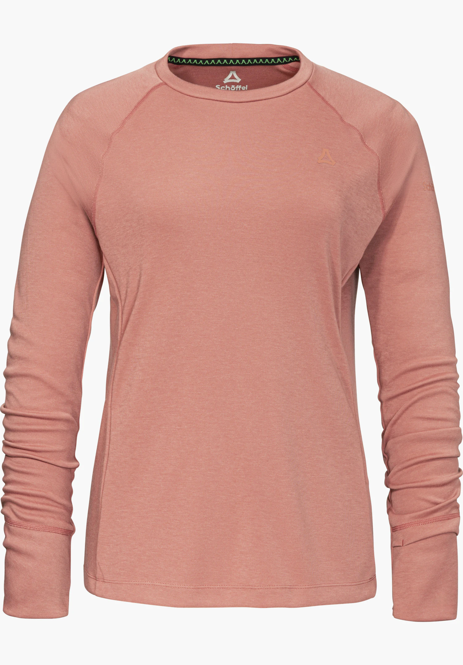 Longsleeve Style Refoca WMN in pink with a crew neck, tonal embroidered Schöffel logo on the chest and long sleeves, isolated on a white background.
