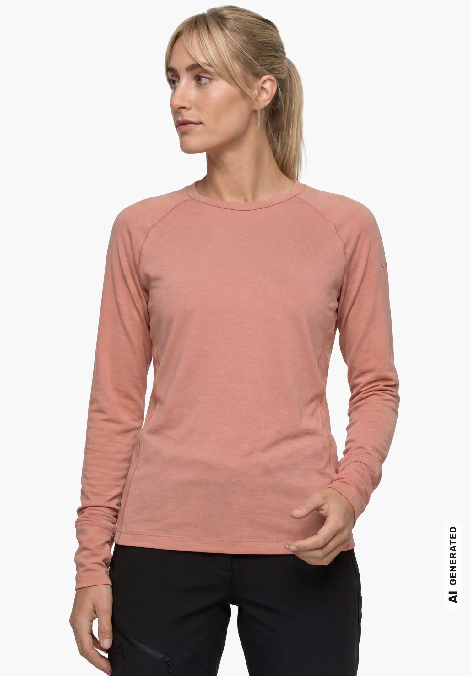 Longsleeve Style Refoca WMN in pink with Schöffel logo on the chest, worn by a female model standing upright and shown from the front against a white background. (AI-generated)