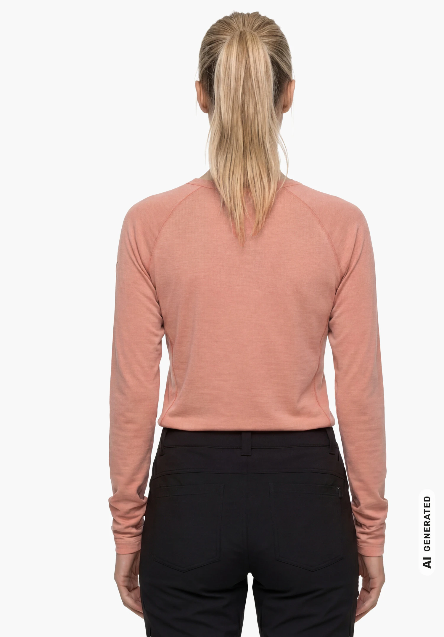 Longsleeve Style Refoca WMN in pink, worn by a female model standing upright and shown from the back with arms hanging down against a white background. (AI-generated)