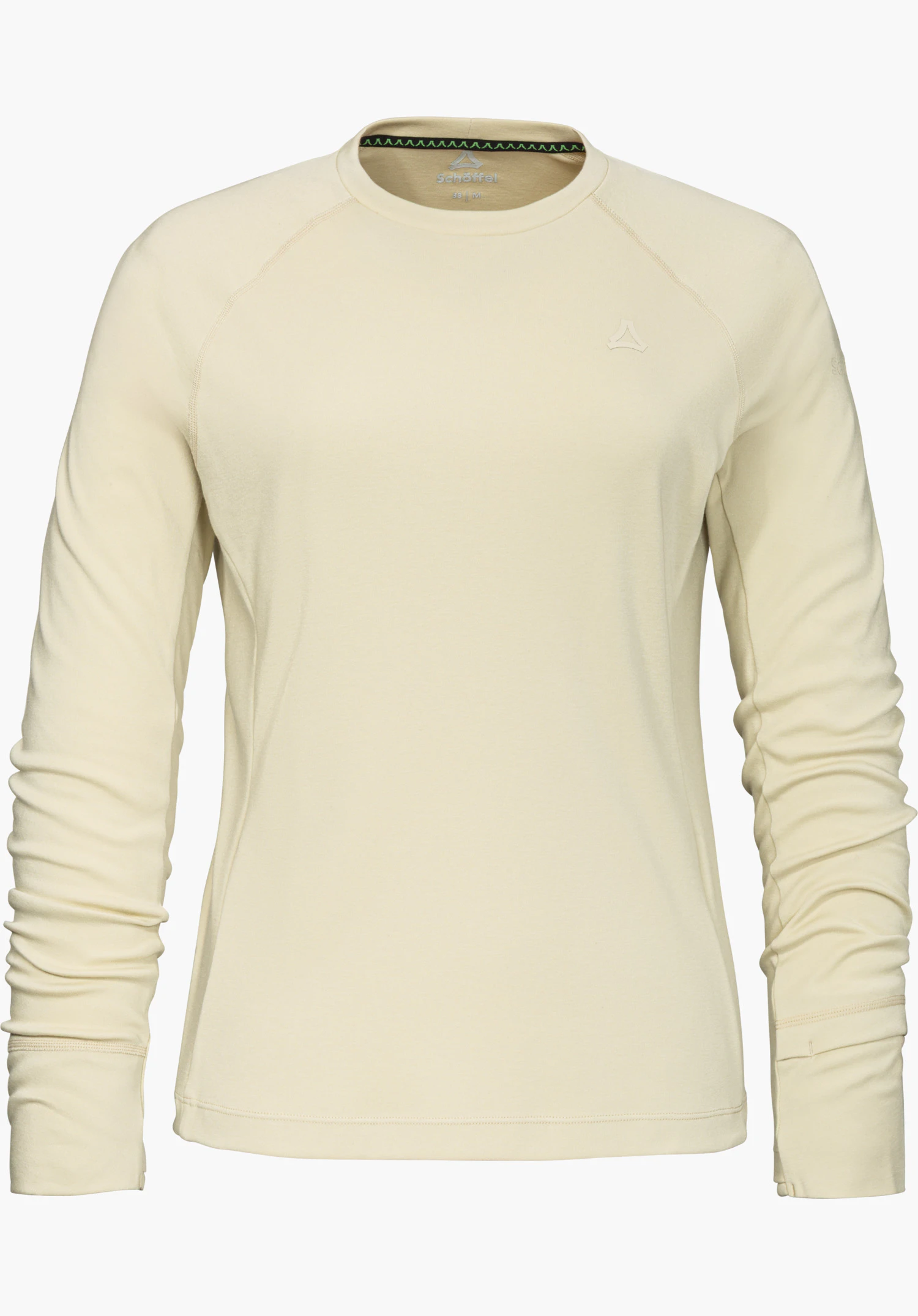 Longsleeve Style Refoca WMN in beige with a crew neck and subtle Schöffel logo on the chest, shown from the front and isolated on a white background.