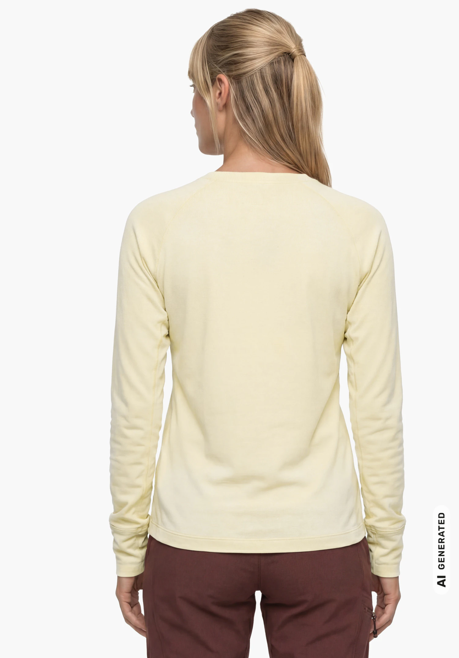 Longsleeve Style Refoca WMN in beige, worn by a female model standing upright and shown from the back with arms hanging down against a white background. (AI-generated)