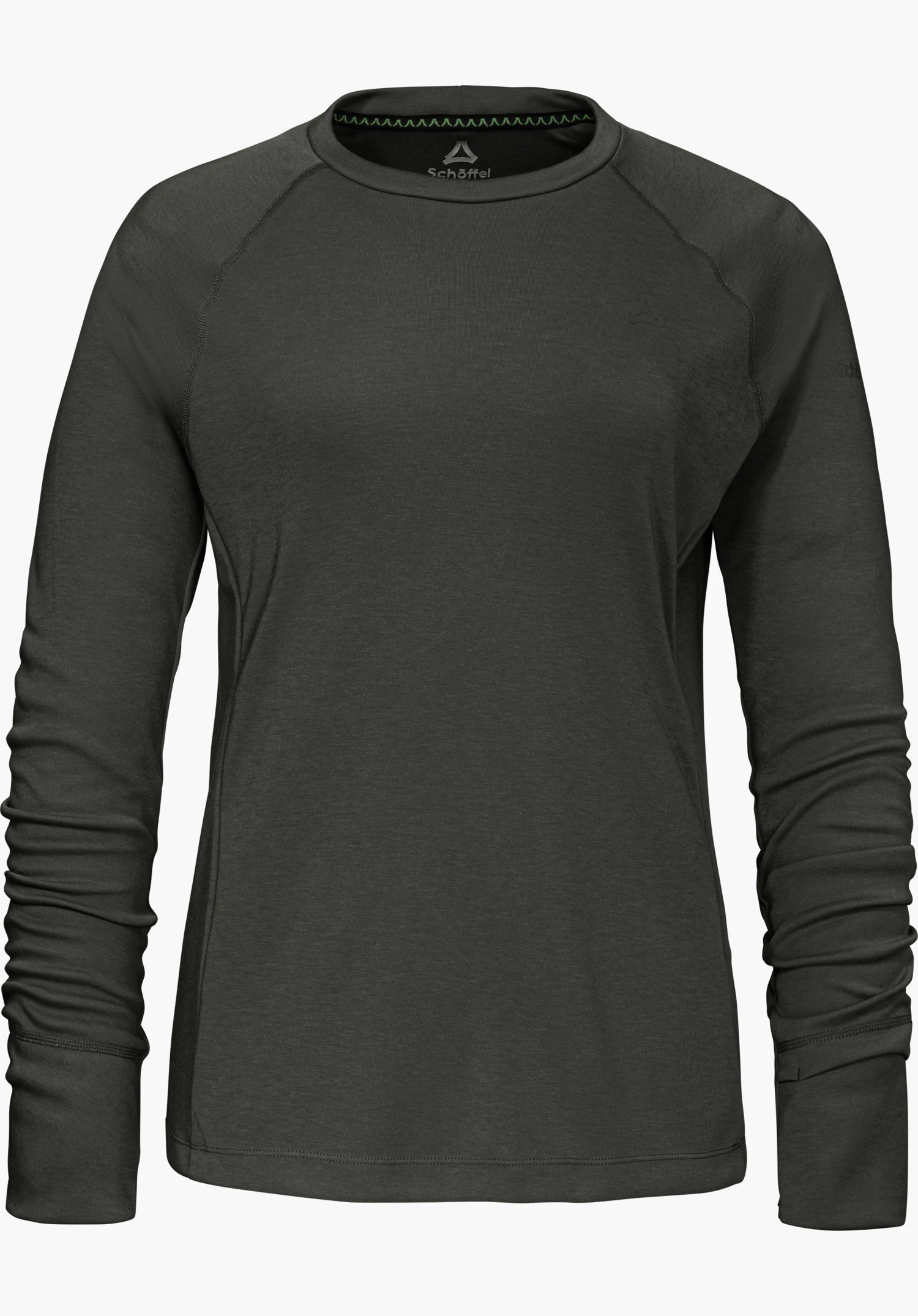 Longsleeve Style Refoca WMN in black with a crew neck and subtle Schöffel logo at chest level, isolated on a white background.
