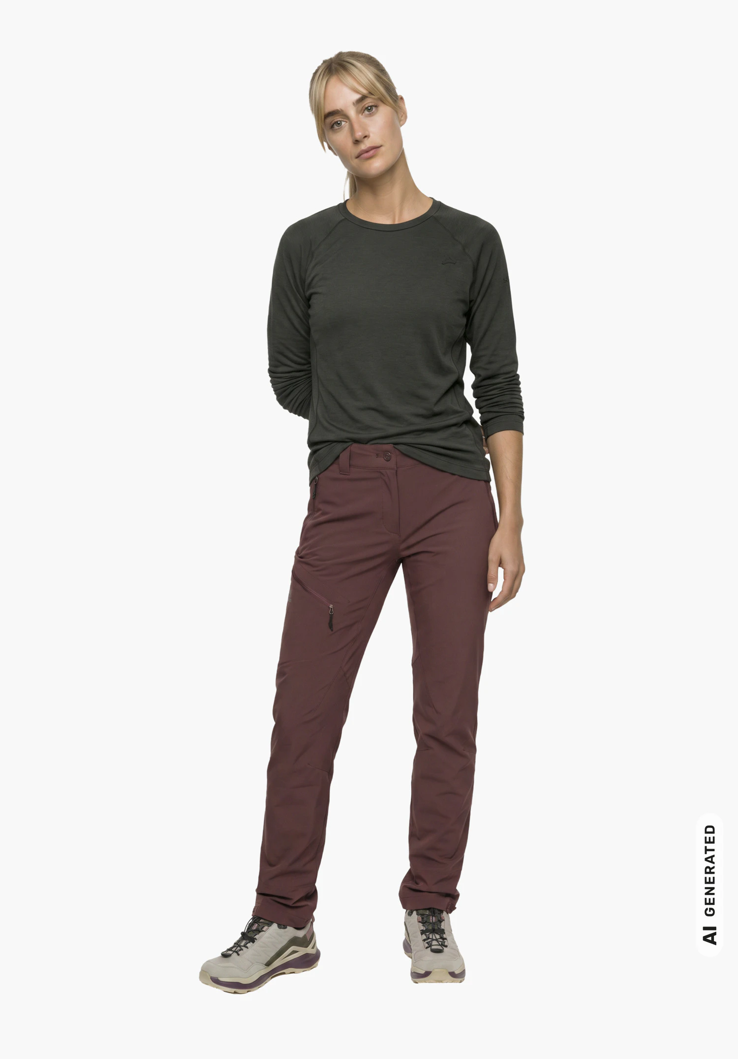 Longsleeve Style Refoca WMN in black, worn by a female model in a slight side view with an upright posture and arms crossed behind her back against a white background. (AI-generated)