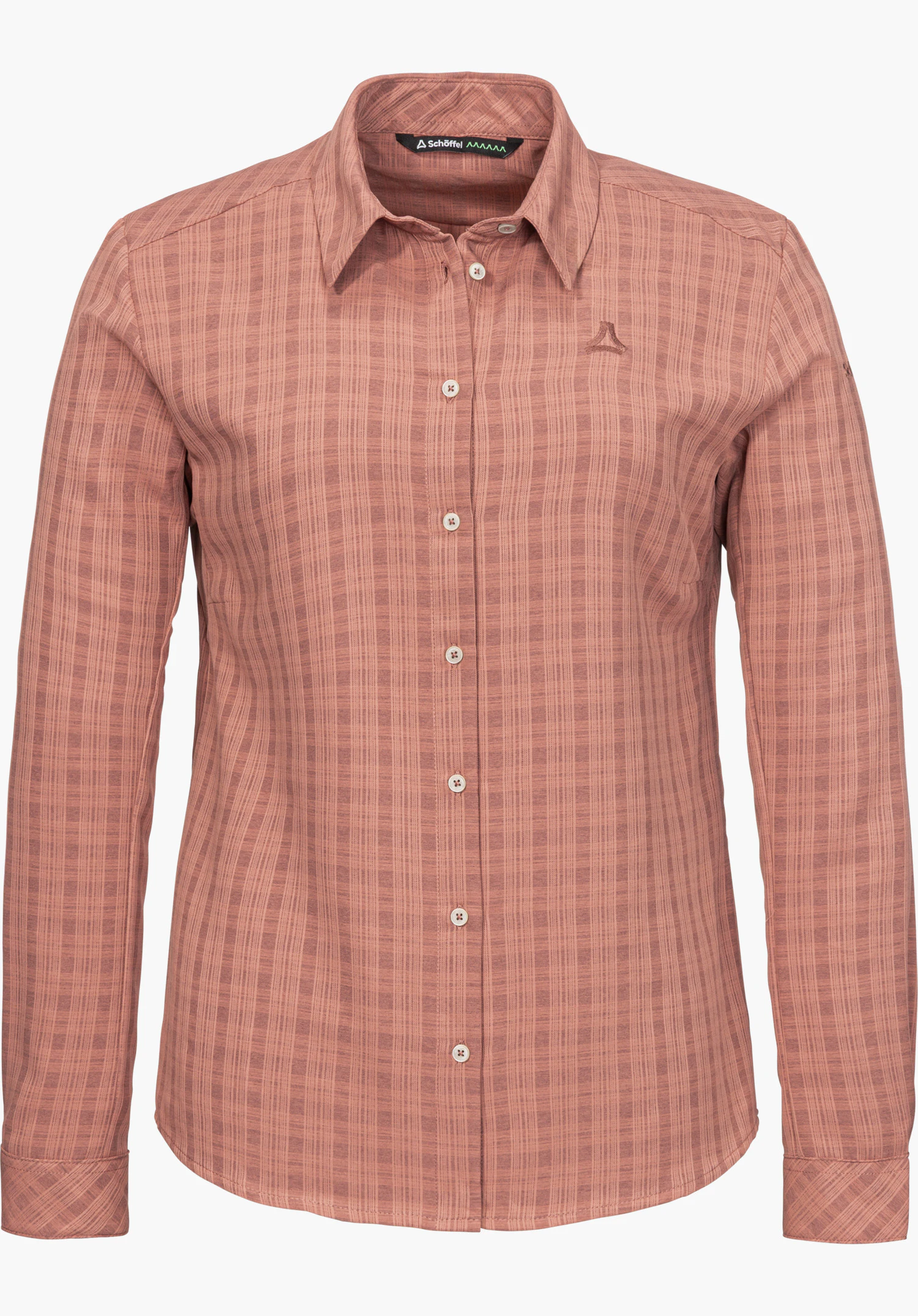 Blouse Style Energio WMN Funktionsbluse in rosa in Frontansicht mit durchgehender Knopfleiste, Kragen und Schöffel-Logo, freigestellt vor weißem Hintergrund.
