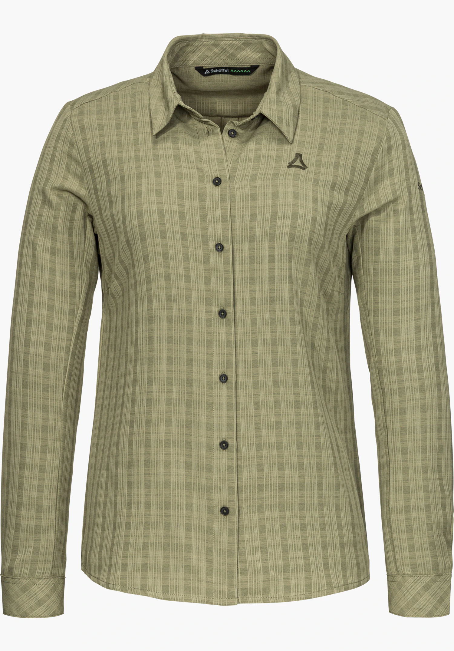 Blouse Style Energio WMN Funktionsbluse in Grün mit durchgehender Knopfleiste, klassischem Kragen, dezentem Schöffel-Logo auf der Brust und feinem Karomuster freigestellt vor weißem Hintergrund.