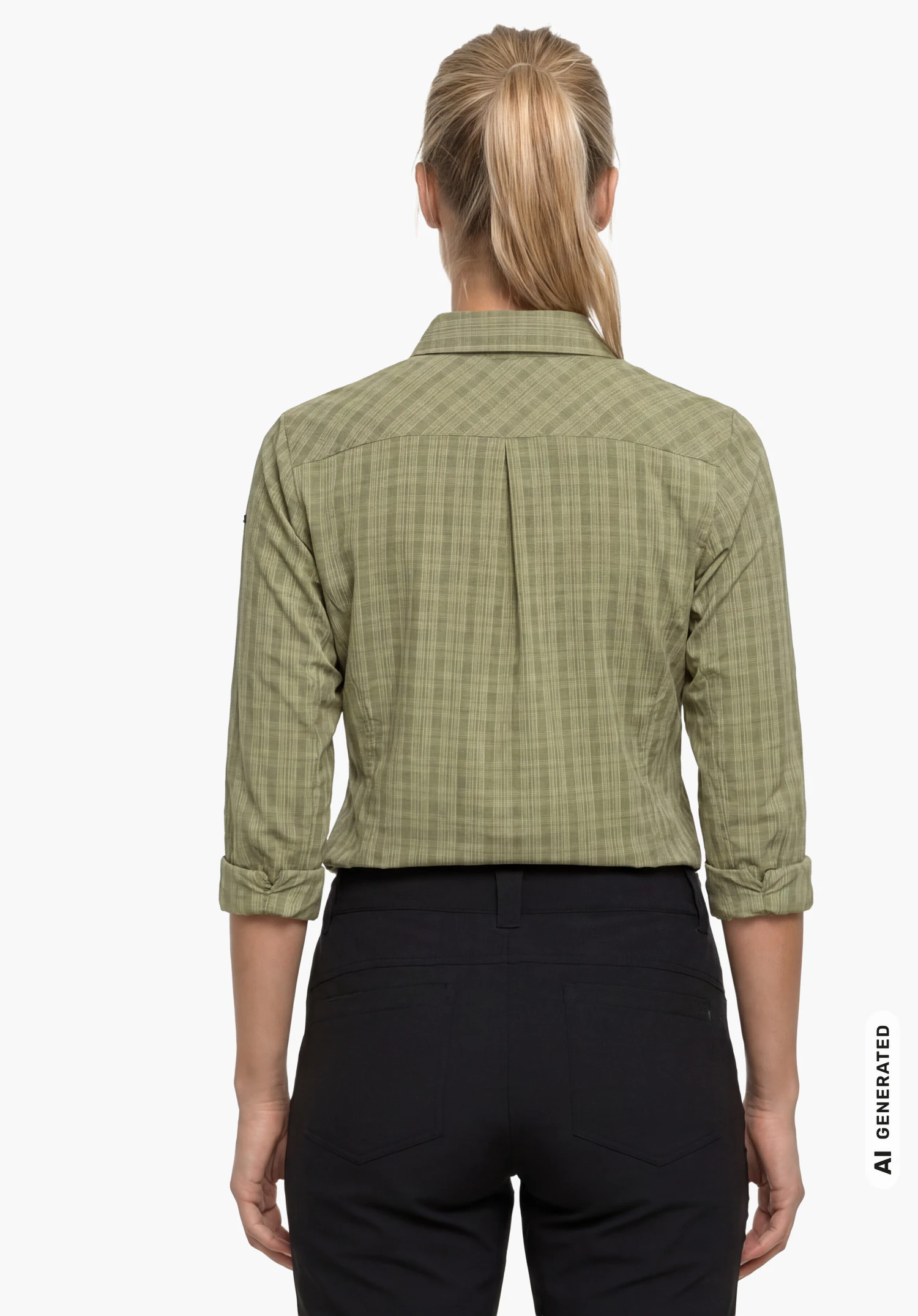 Blouse Style Energio WMN en vert, portée par un modèle féminin debout et vue de dos avec les bras le long du corps sur fond blanc. (Généré par IA)