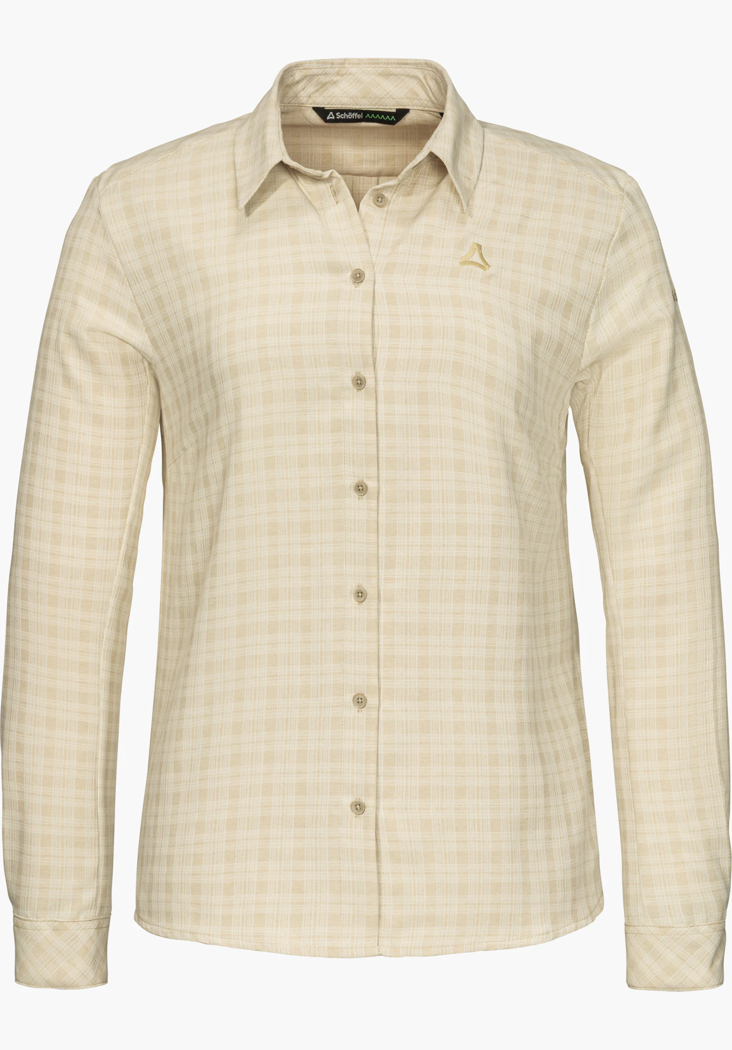 Blouse Style Energio WMN Funktionsbluse in beige mit dezentem Karomuster, durchgehender Knopfleiste, langen Ärmeln und aufgesticktem Schöffel-Logo in der Frontansicht freigestellt vor weißem Hintergrund.