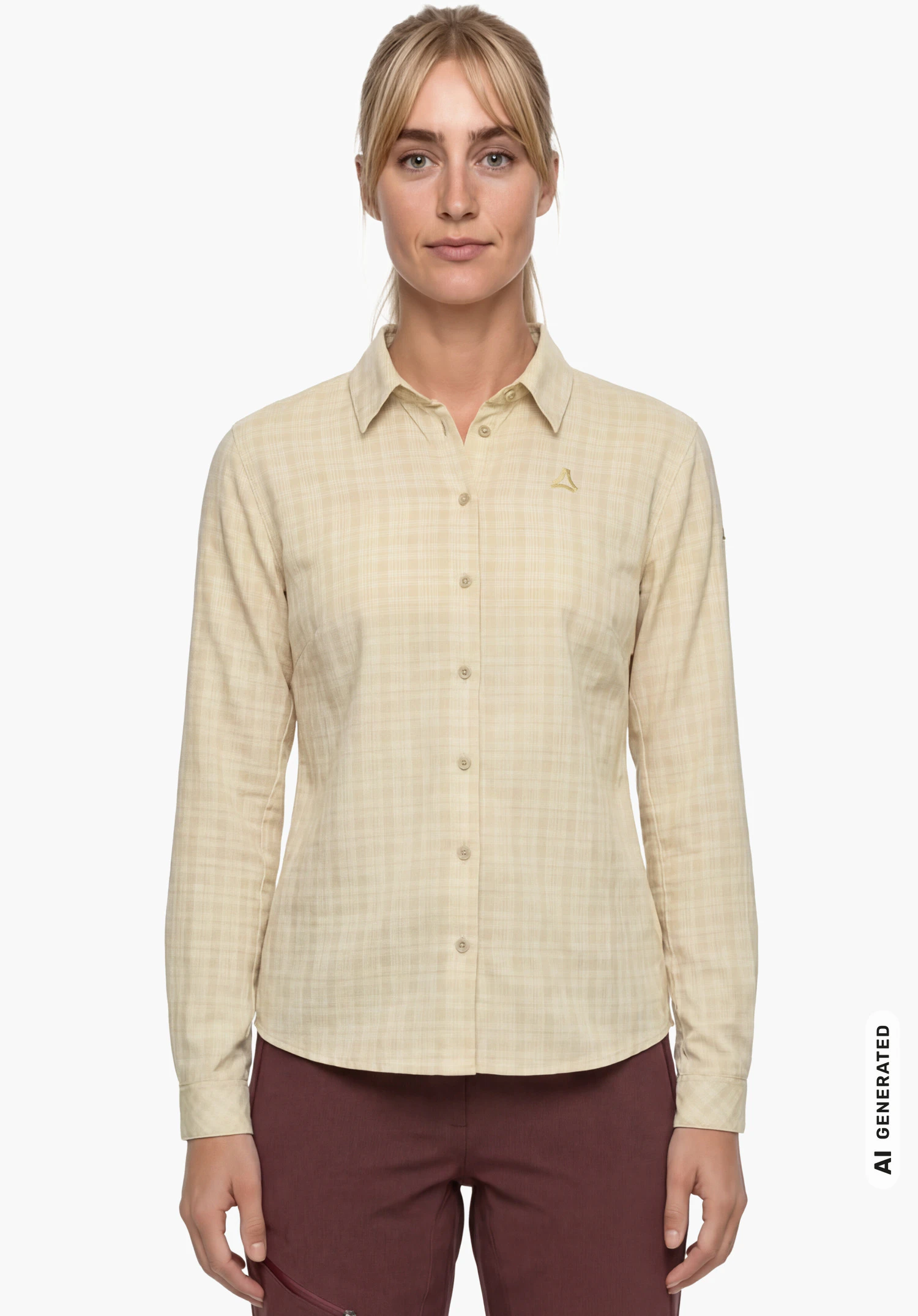 Blouse Style Energio WMN in beige with a subtle checked pattern and Schöffel logo on the chest, worn by a female model standing upright and shown from the front with arms hanging down against a white background. (AI-generated)