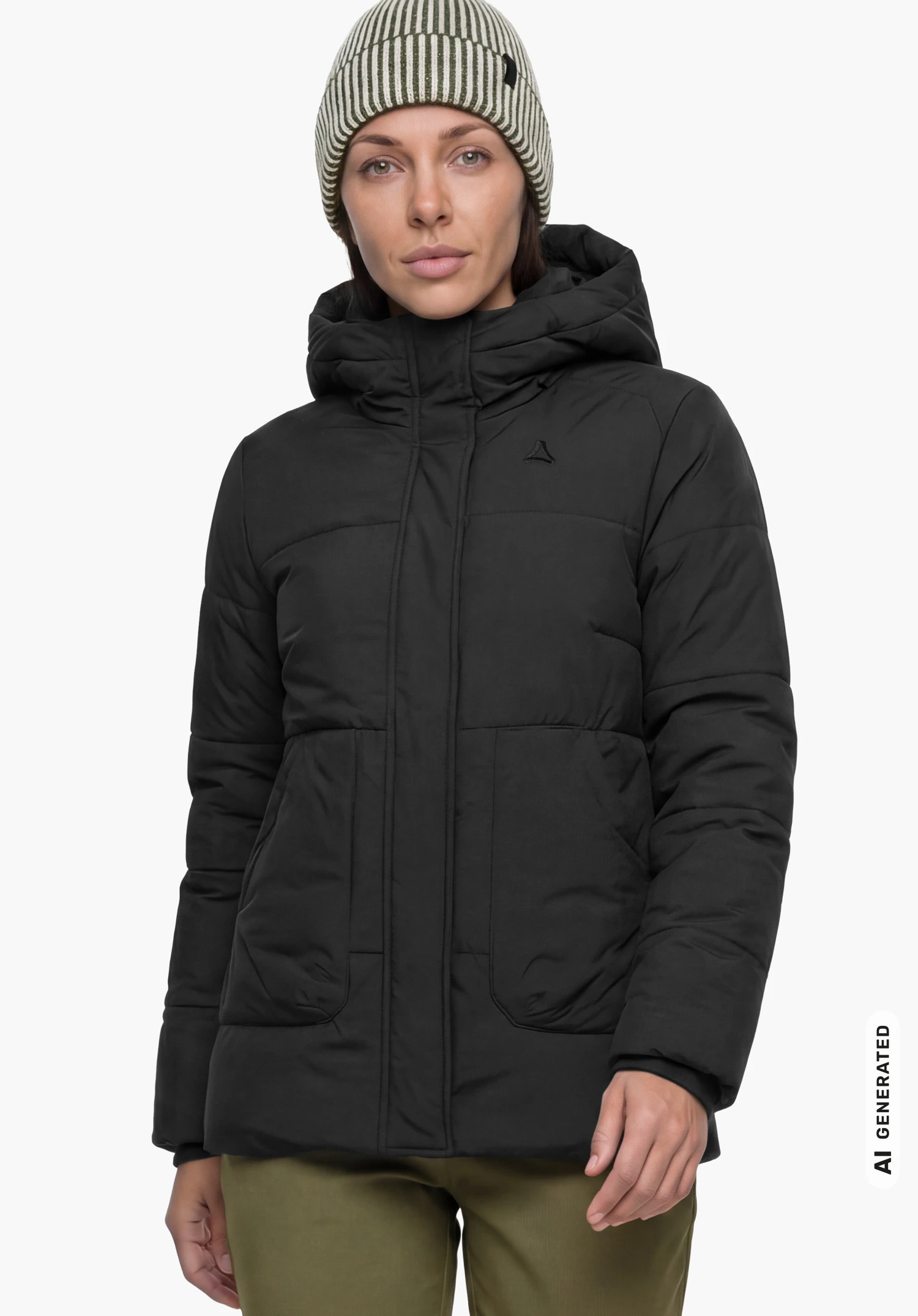 Ins Jkt Style Purga WMN in black with Schöffel logo, worn by a female model shown from the front standing upright against a white background. (AI-generated)