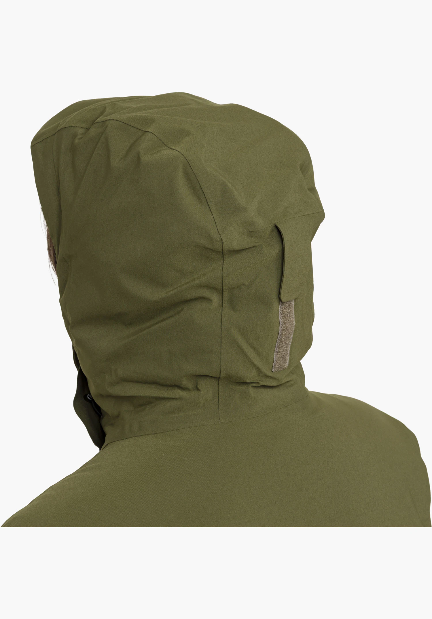 Ins Coat Style Optimea WMN vue détaillée de la capuche verte avec patte de réglage à l'arrière de la tête gros plan sur fond blanc.