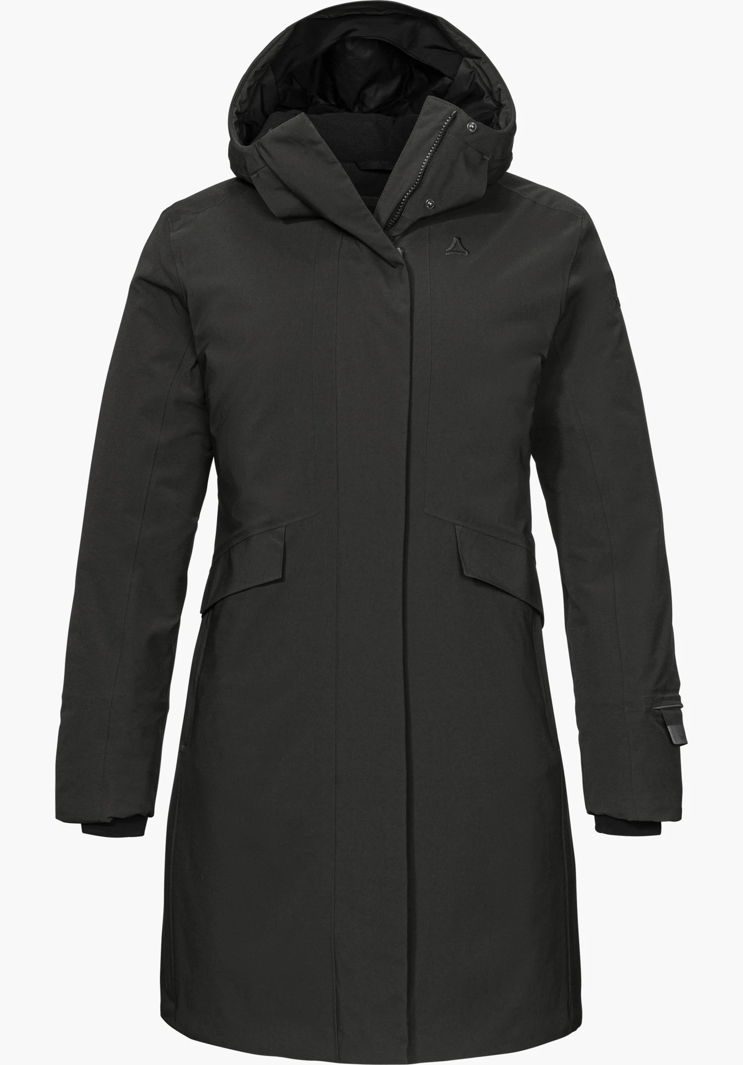 Ins Coat Style Optimea WMN in black with a hood and subtle Schöffel logo, shown from the front and isolated on a white background.