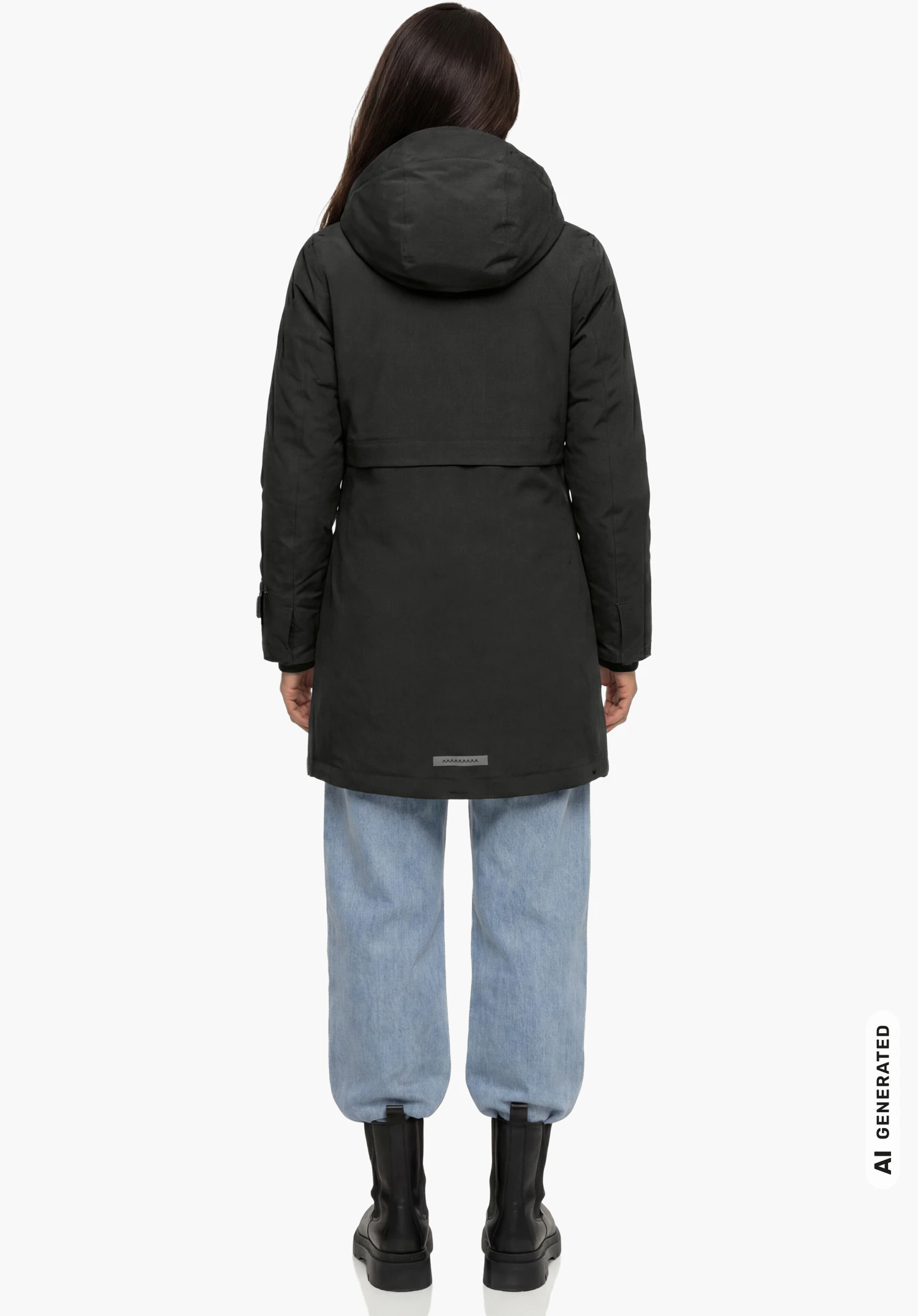 Ins Coat Style Optimea WMN en noir, porté par un modèle féminin debout et vu de dos avec les bras le long du corps sur fond blanc. (Généré par IA)