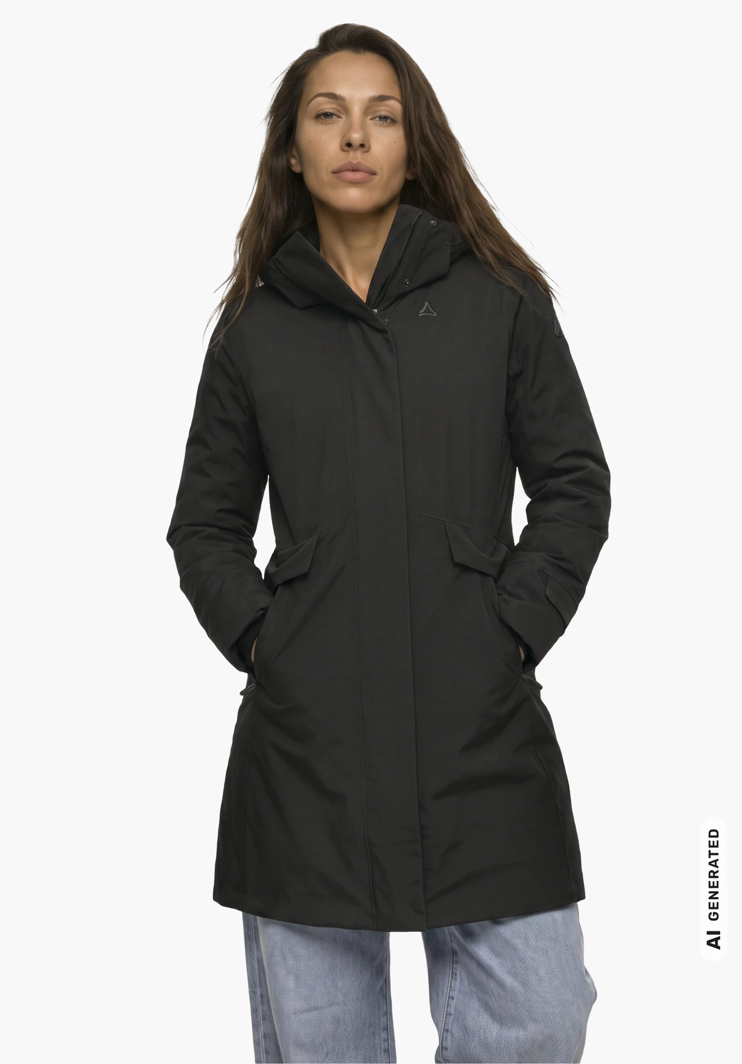 Ins Coat Style Optimea WMN en noir avec le logo Schöffel, porté par un mannequin femme les mains dans les poches en vue légèrement de profil sur fond blanc. (Généré par IA)