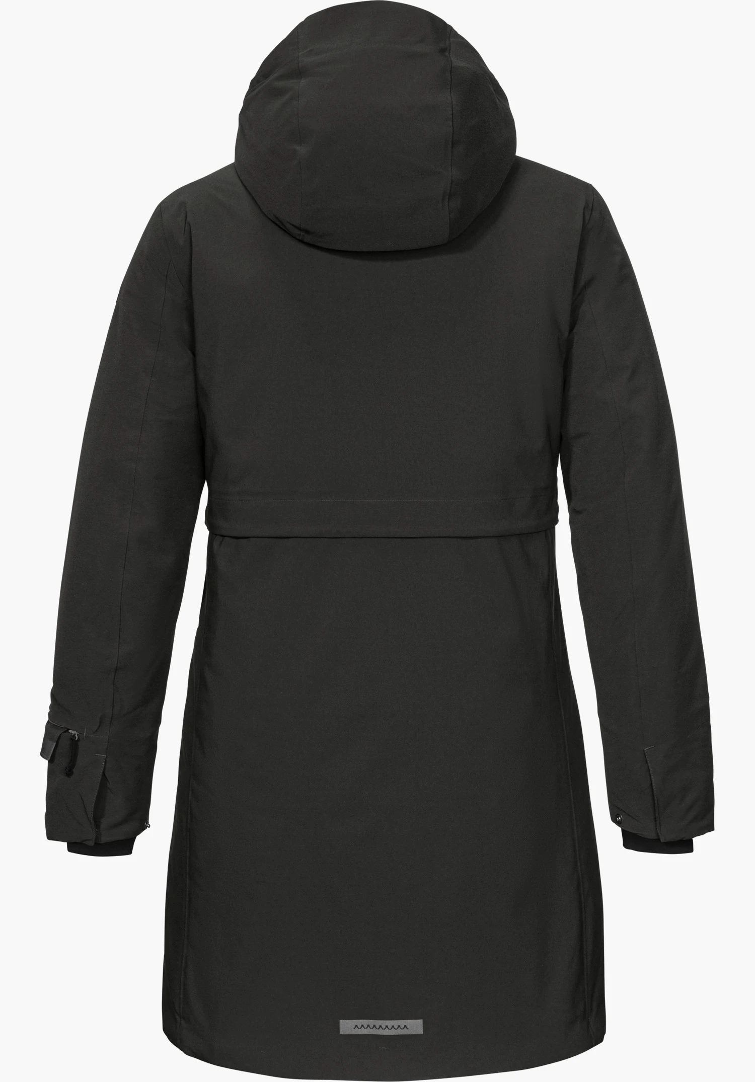 Ins Coat Style Optimea WMN en noir, vue de dos avec capuche et inscription Schöffel réfléchissante au niveau de l’ourlet inférieur, détouré sur fond blanc.