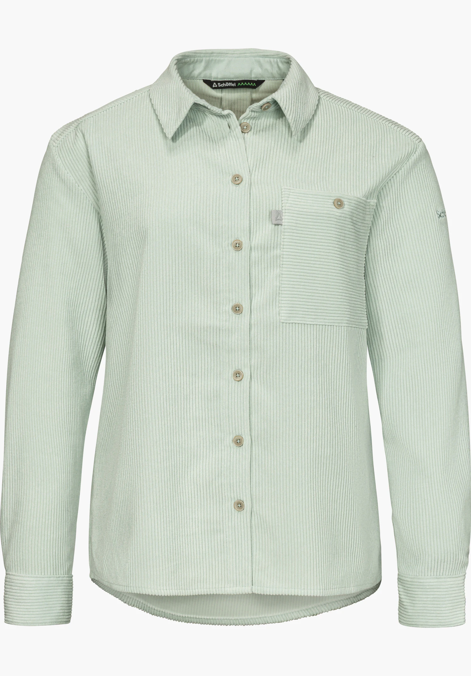 Blouse Style Libereo WMN Hemdbluse in grün mit durchgehender Knopfleiste, Brusttasche und sichtbarem Schöffel-Schriftzug in Frontansicht freigestellt vor weißem Hintergrund.