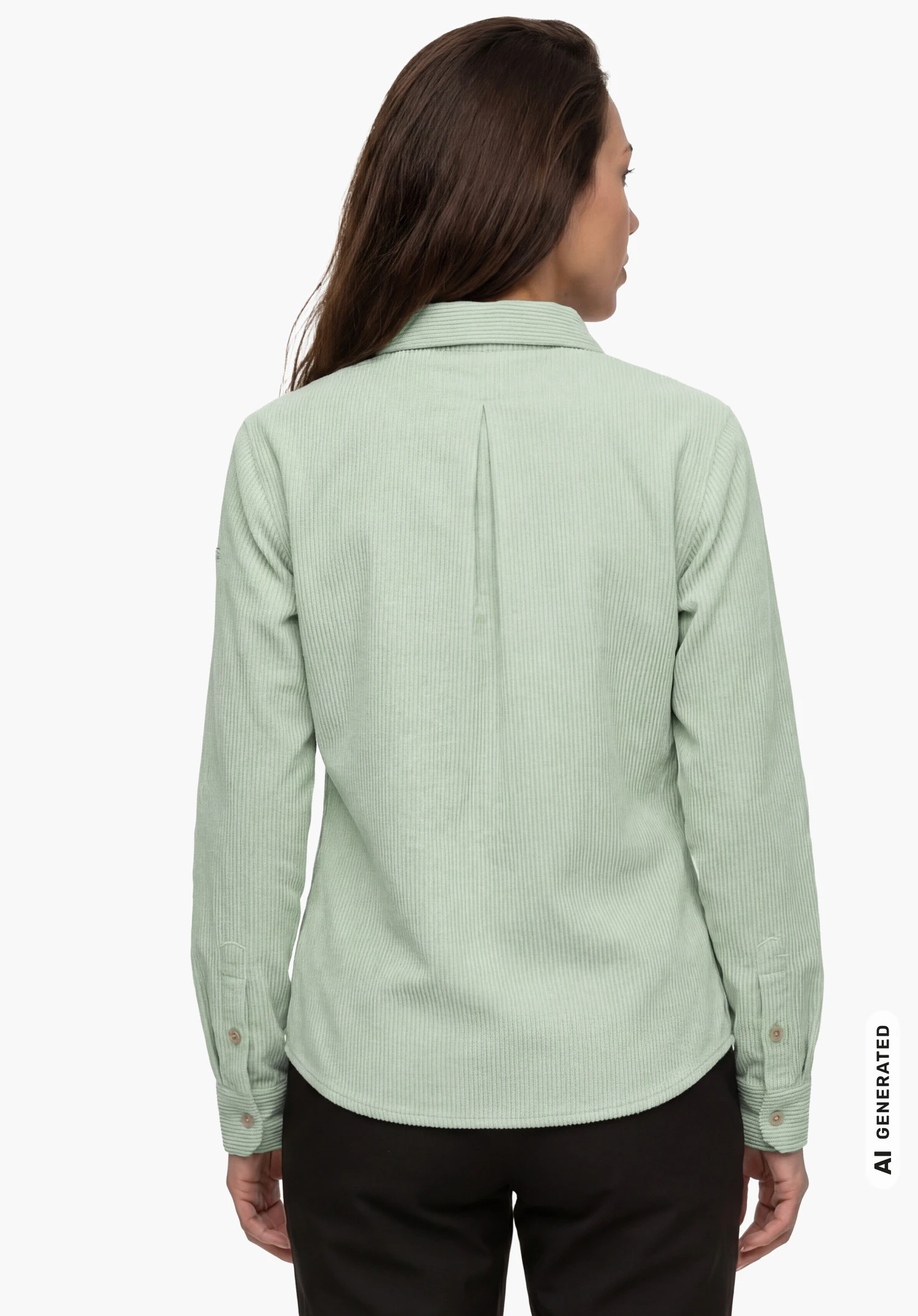 Blouse Style Libereo WMN in groen, gedragen door een vrouwelijk model dat van achteren wordt getoond met de armen langs het lichaam tegen een witte achtergrond. (AI-gegenereerd)