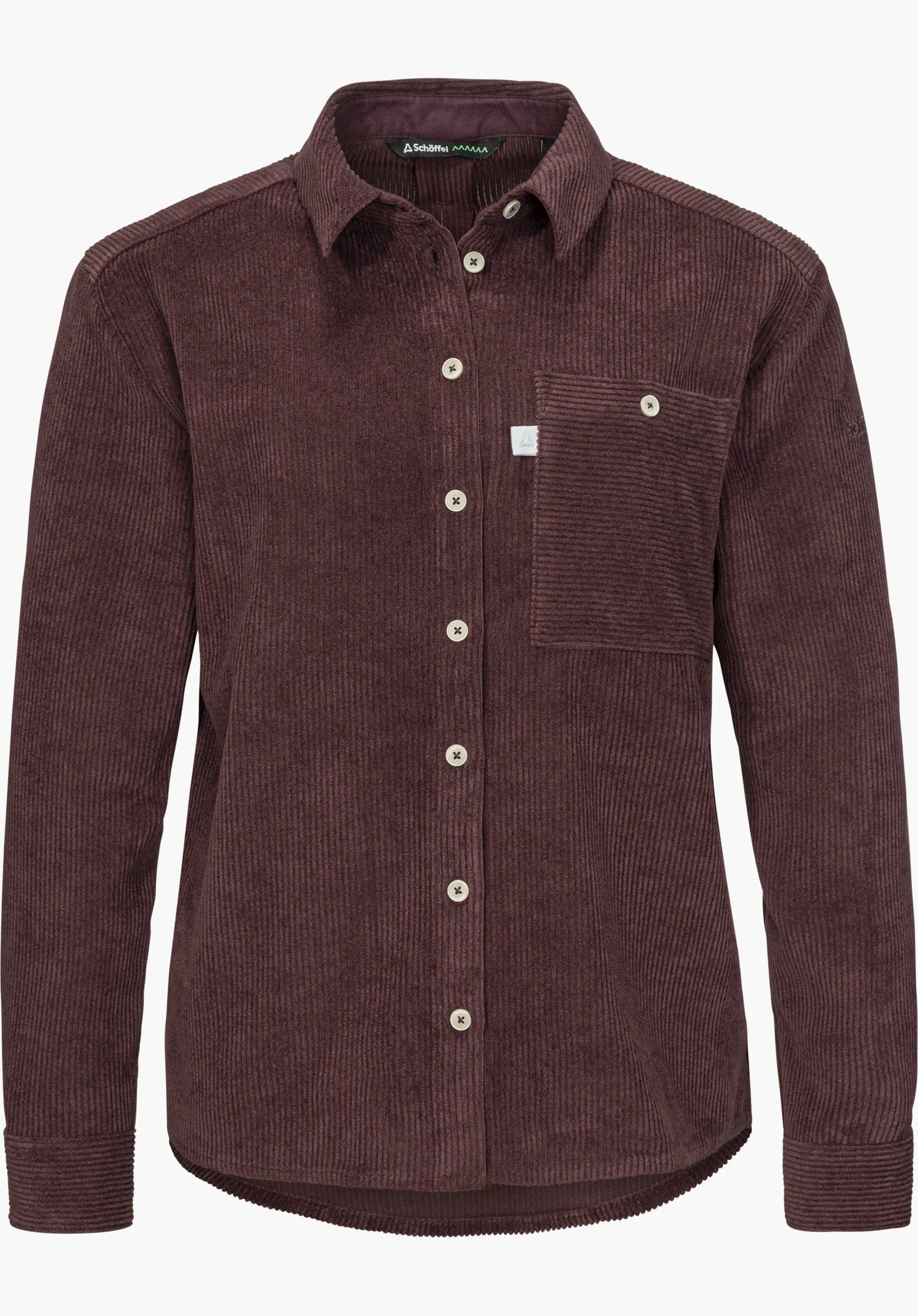 Blouse Style Libereo WMN Hemdbluse in lila mit durchgehender Knopfleiste, Brusttasche und sichtbarem Schöffel-Schriftzug im Kragenbereich freigestellt vor weißem Hintergrund.
