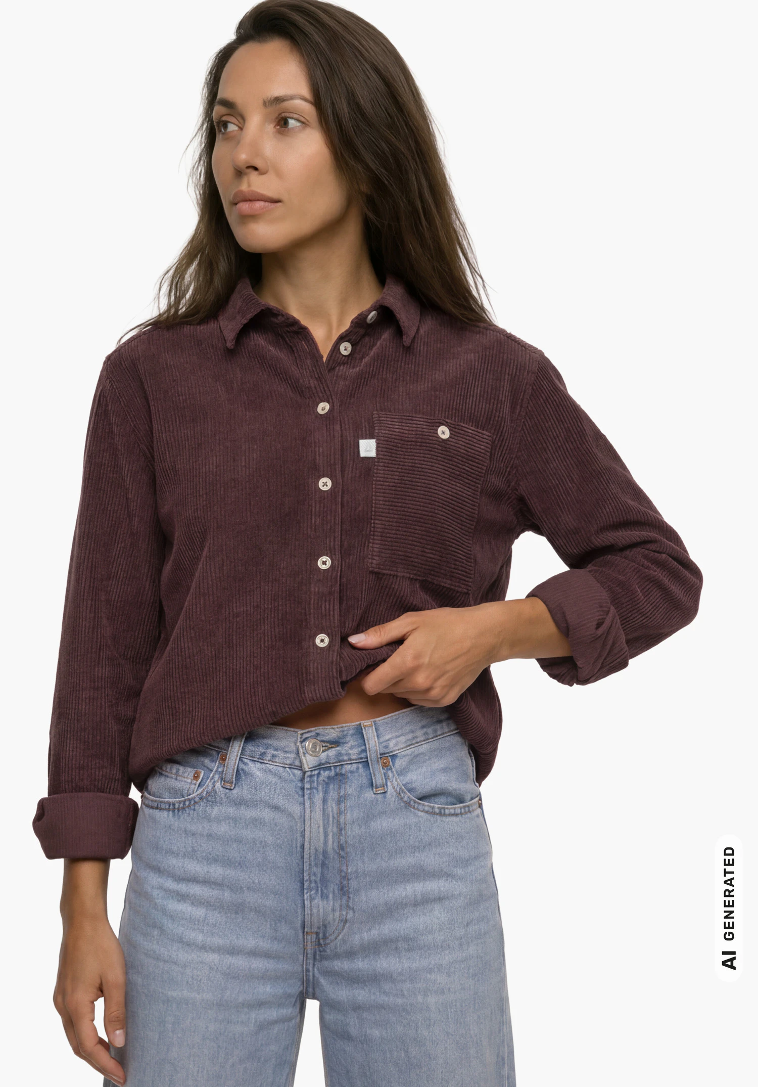 Blouse Style Libereo WMN in lila, getragen von einem weiblichen Model in Frontansicht mit einer Hand am Saum der Bluse und sichtbarem Schöffel-Logo auf der Brusttasche vor weißem Hintergrund. (KI-generiert)