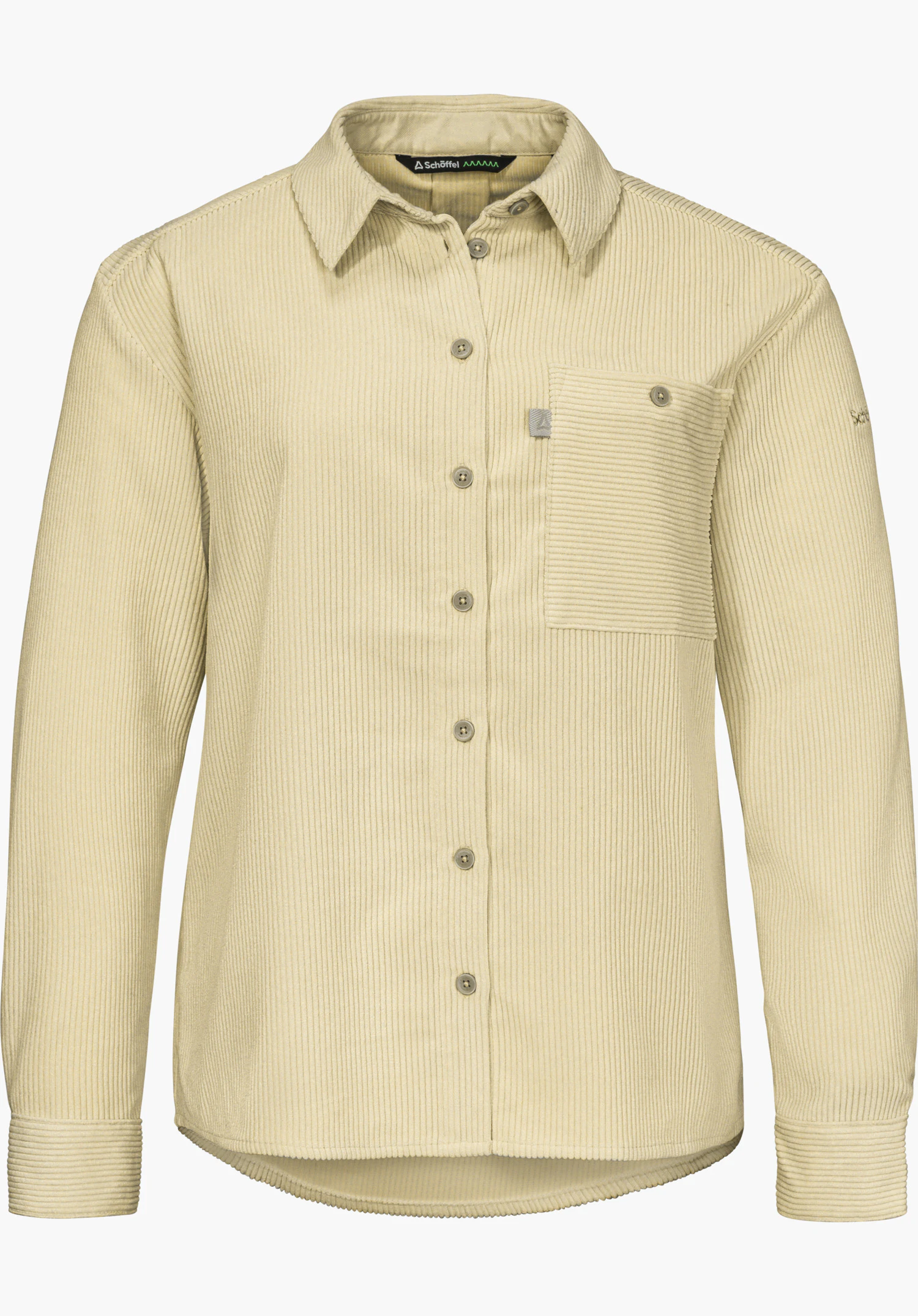 Blouse Style Libereo WMN Hemdbluse in der Farbe beige mit durchgehender Knopfleiste, Brusttasche und sichtbarem Schöffel-Schriftzug in Frontansicht, freigestellt vor weißem Hintergrund.
