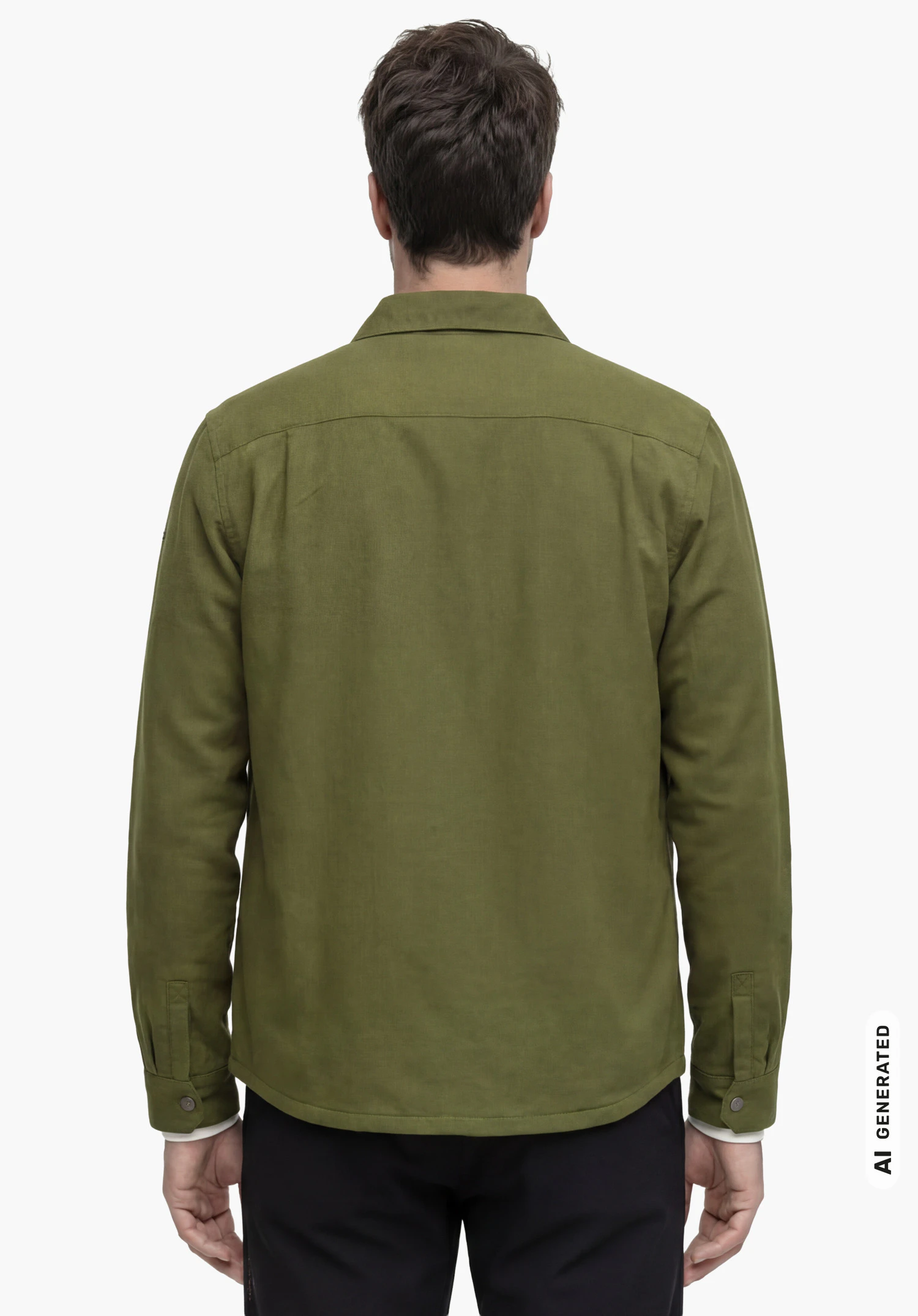 Overshirt Style Kalmor MEN in green, worn by a male model shown from the back with arms hanging down against a white background. (AI-generated)