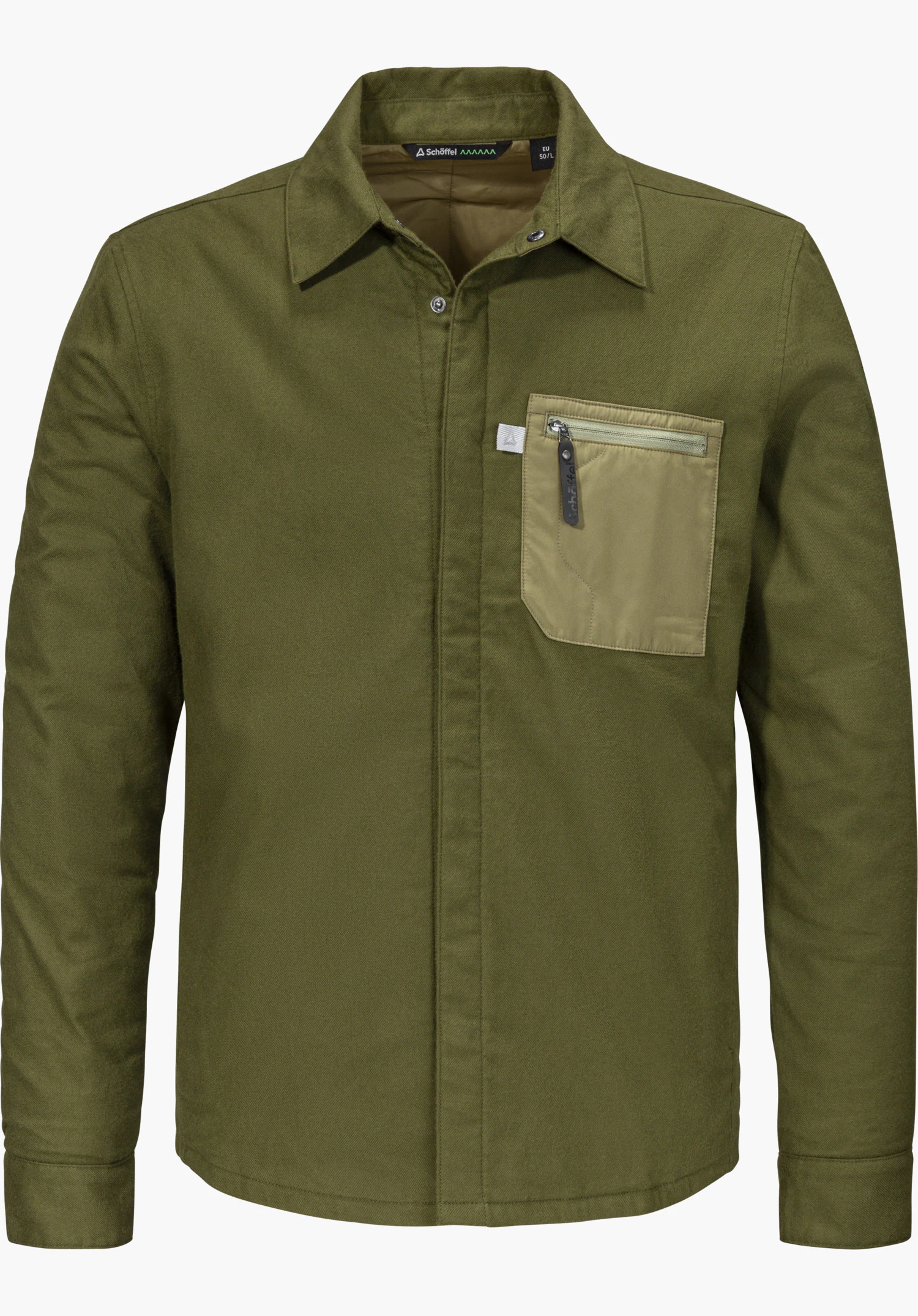 Overshirt Style Kalmor MEN in green, shown from the front with a chest pocket and Schöffel lettering on the collar, isolated on a white background.