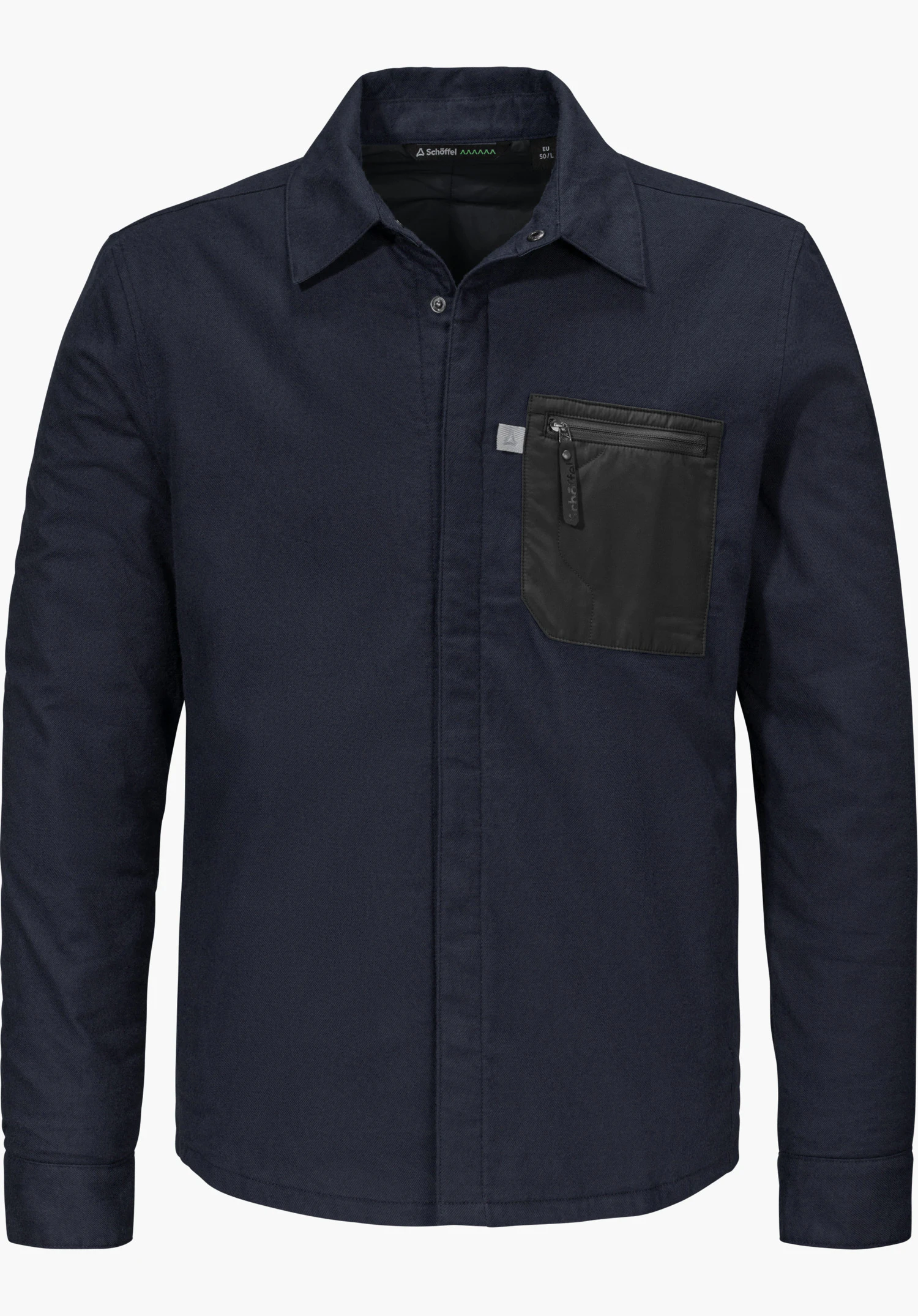 Overshirt Style Kalmor MEN in Blau mit Kragen, Knopfleiste, kontrastierender Brusttasche mit Reißverschluss und sichtbarem Schöffel-Schriftzug freigestellt vor weißem Hintergrund.