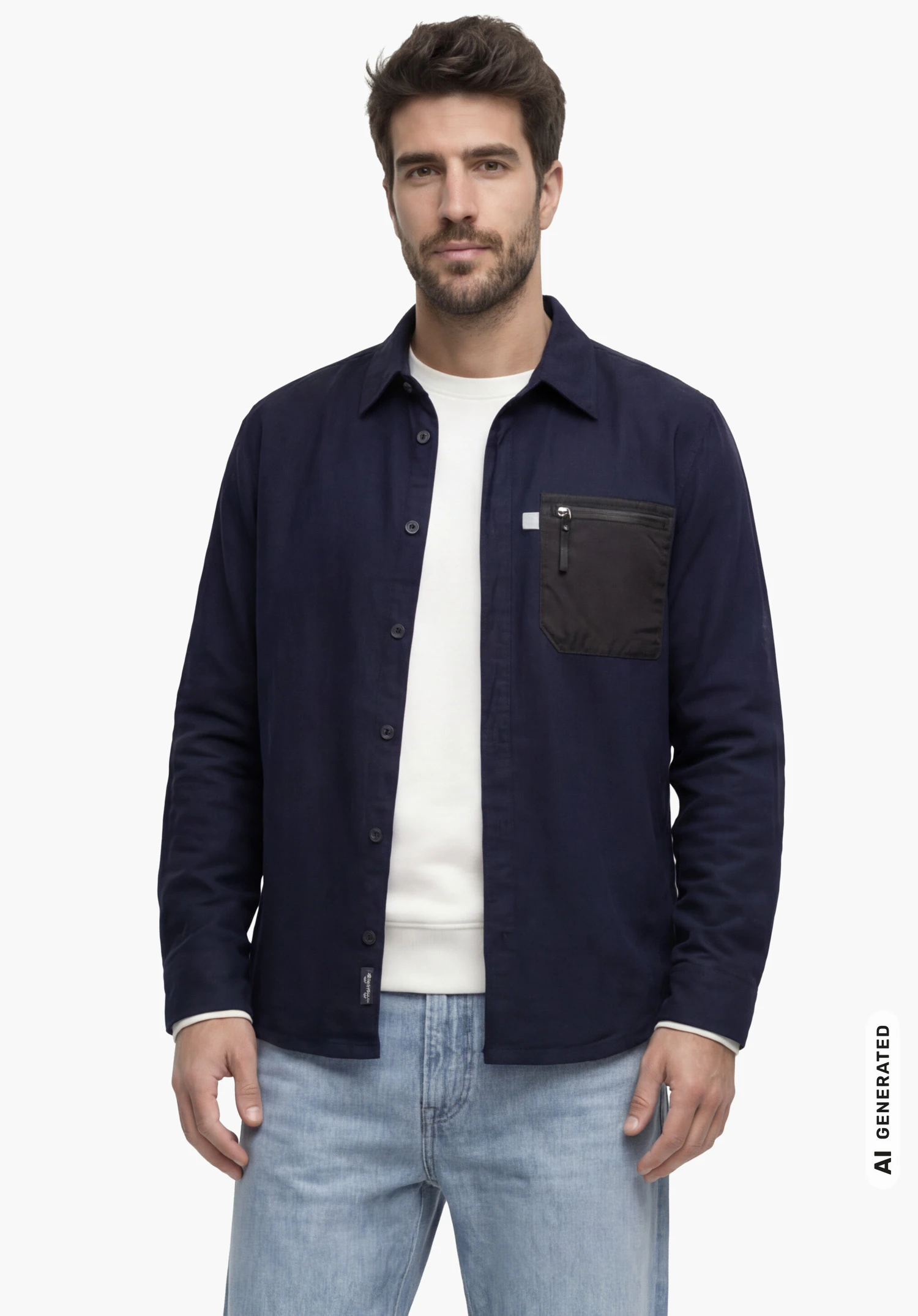 Overshirt Style Kalmor MEN in blau, getragen von einem männlichen Model im aufrechten Stand in Frontansicht mit herabhängenden Armen vor weißem Hintergrund. (KI-generiert)