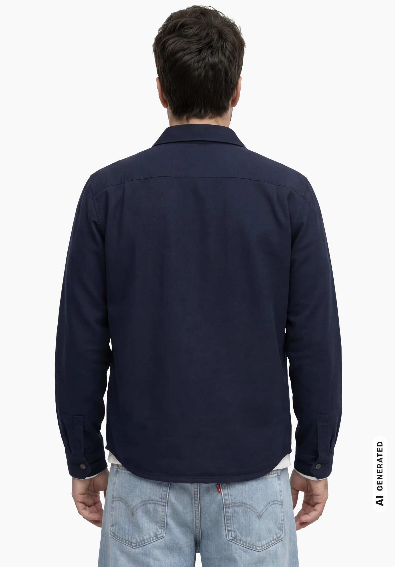 Overshirt Style Kalmor MEN in blue, worn by a male model shown from the back in a relaxed posture against a white background. (AI-generated)