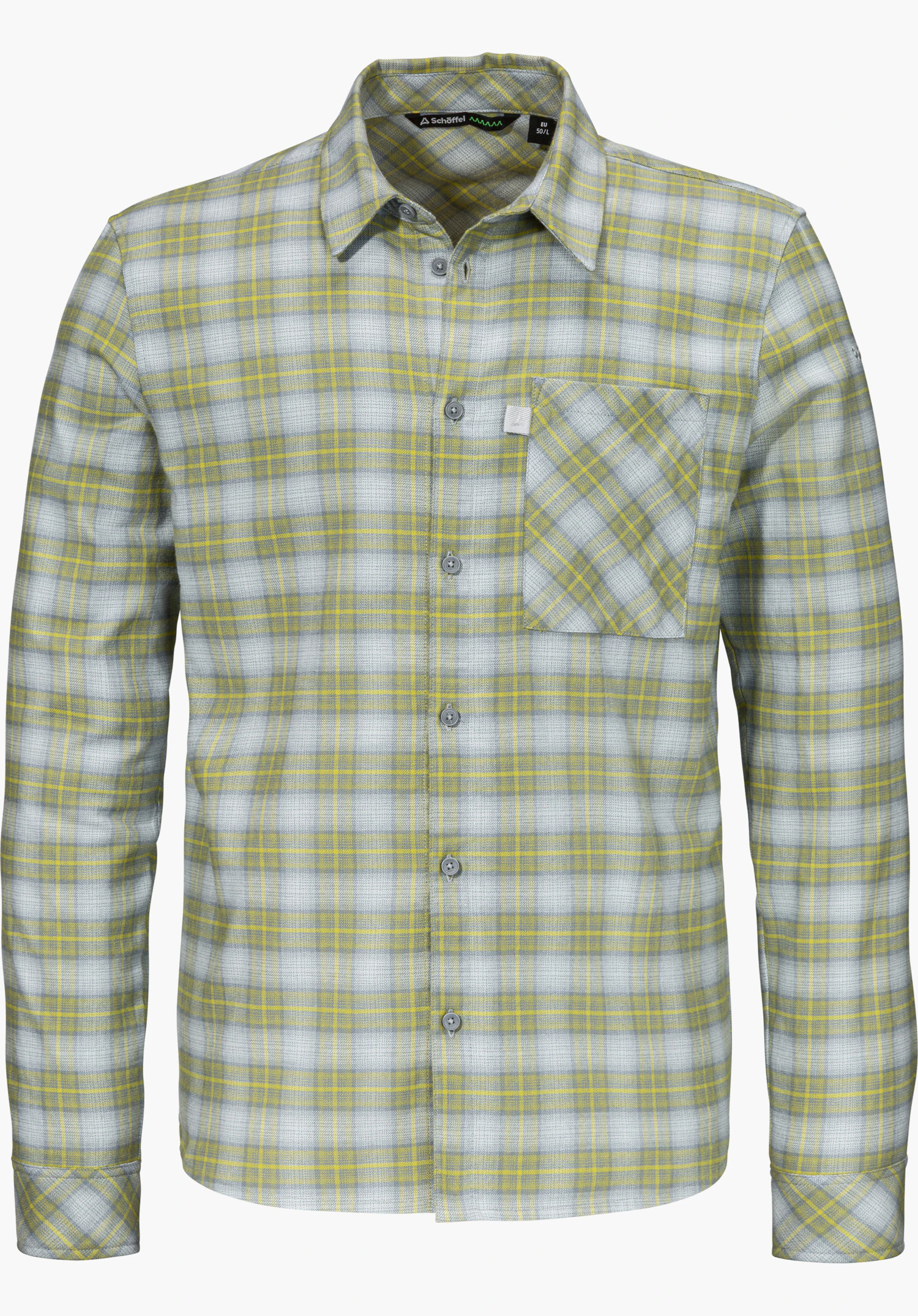 Shirt Style Kleion MNS Flanellhemd in grau mit kariertem Muster, langen Ärmeln, Brusttasche und sichtbarem Schöffel-Schriftzug im Kragenbereich freigestellt vor weißem Hintergrund.