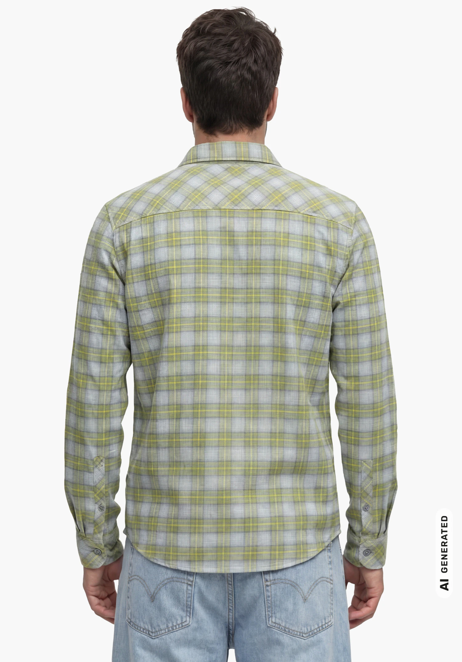Shirt Style Kleion MNS in grey, worn by a male model in a rear view with arms down against a white background. (AI-generated)
