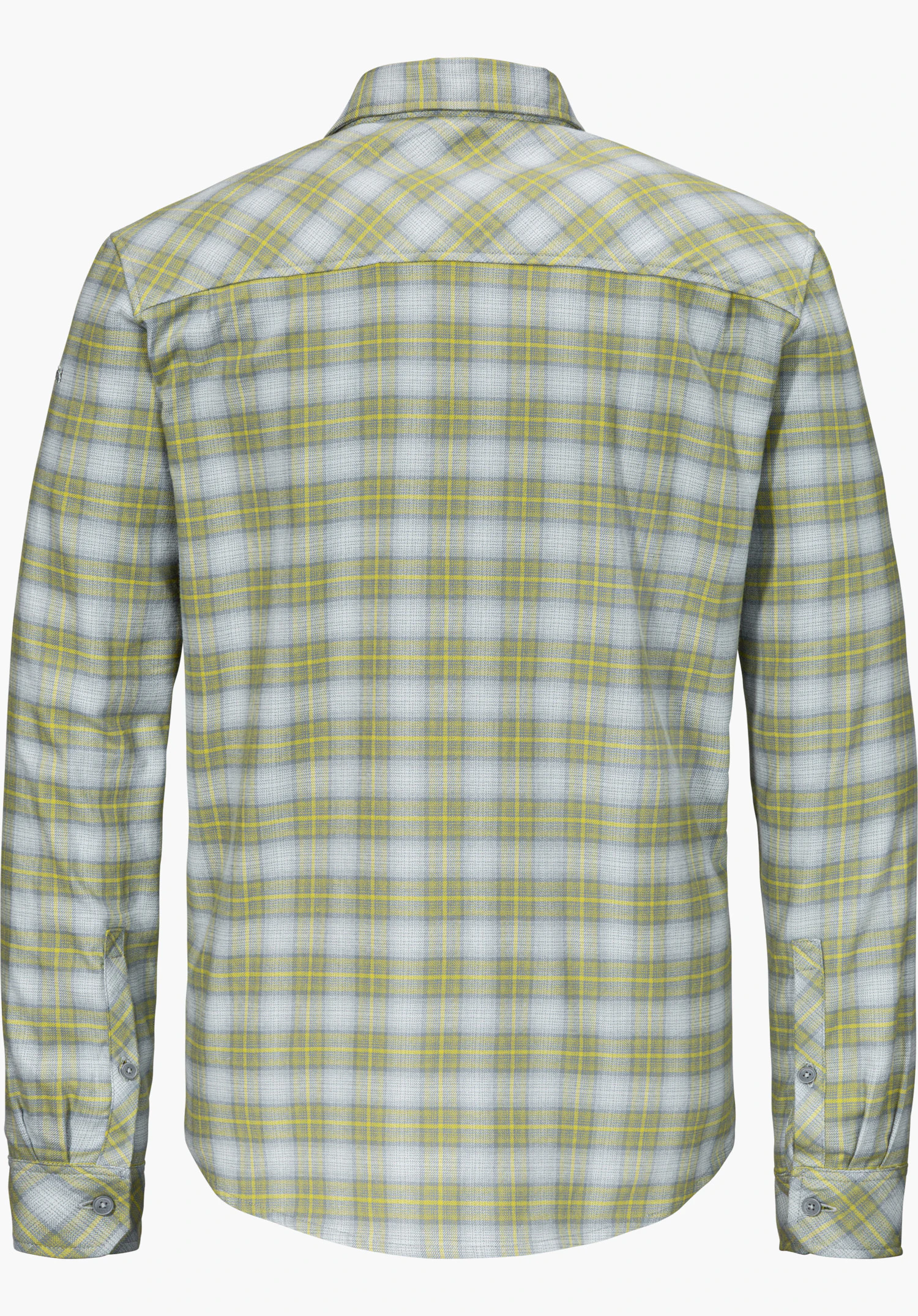 Shirt Style Kleion MNS flannel shirt in grey with a checked pattern, shown from the back and isolated on a white background.