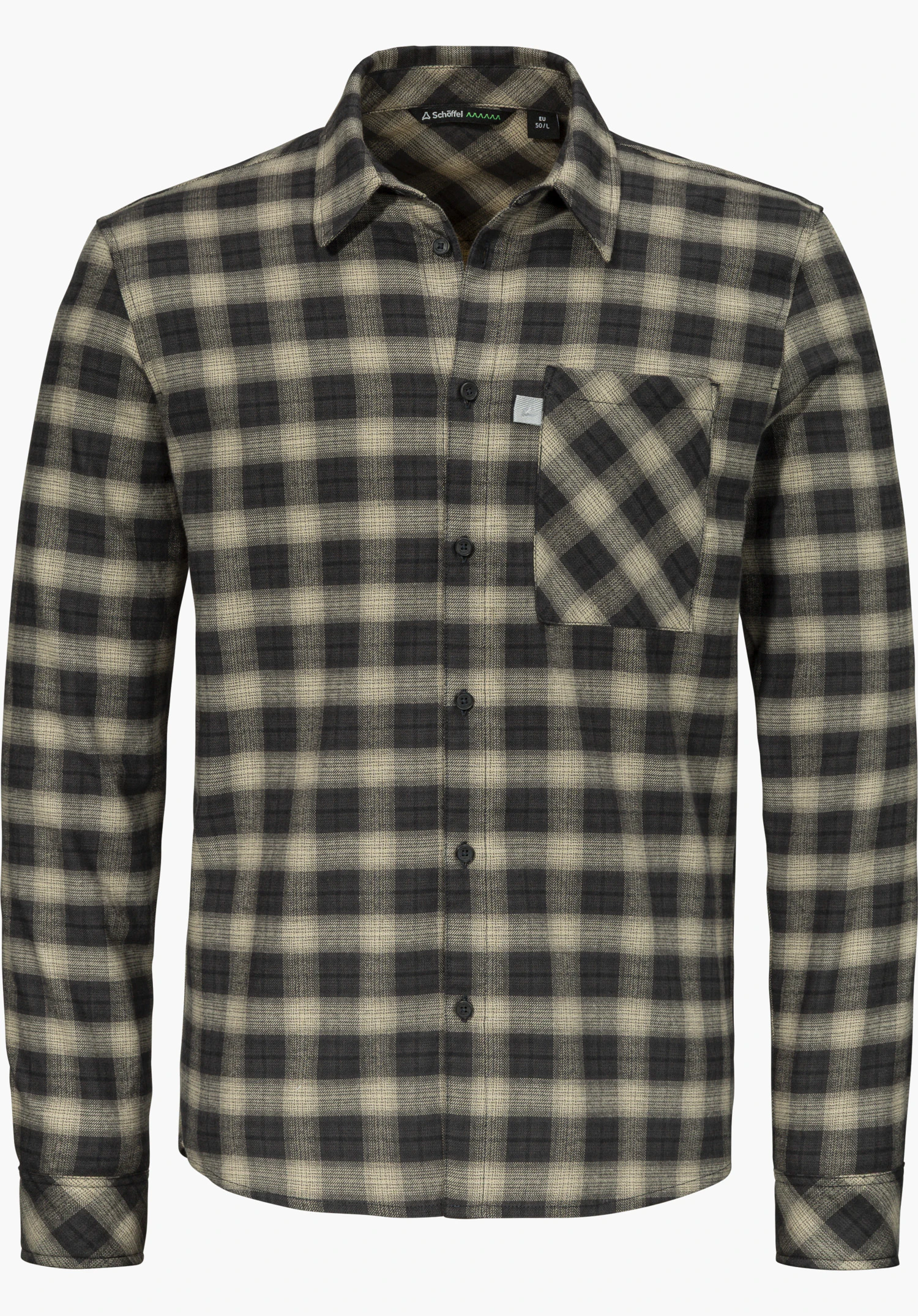 Shirt Style Kleion MNS flannel shirt in black with a checked pattern, full-length button placket, chest pocket and Schöffel lettering at the back of the neck, isolated on a white background.