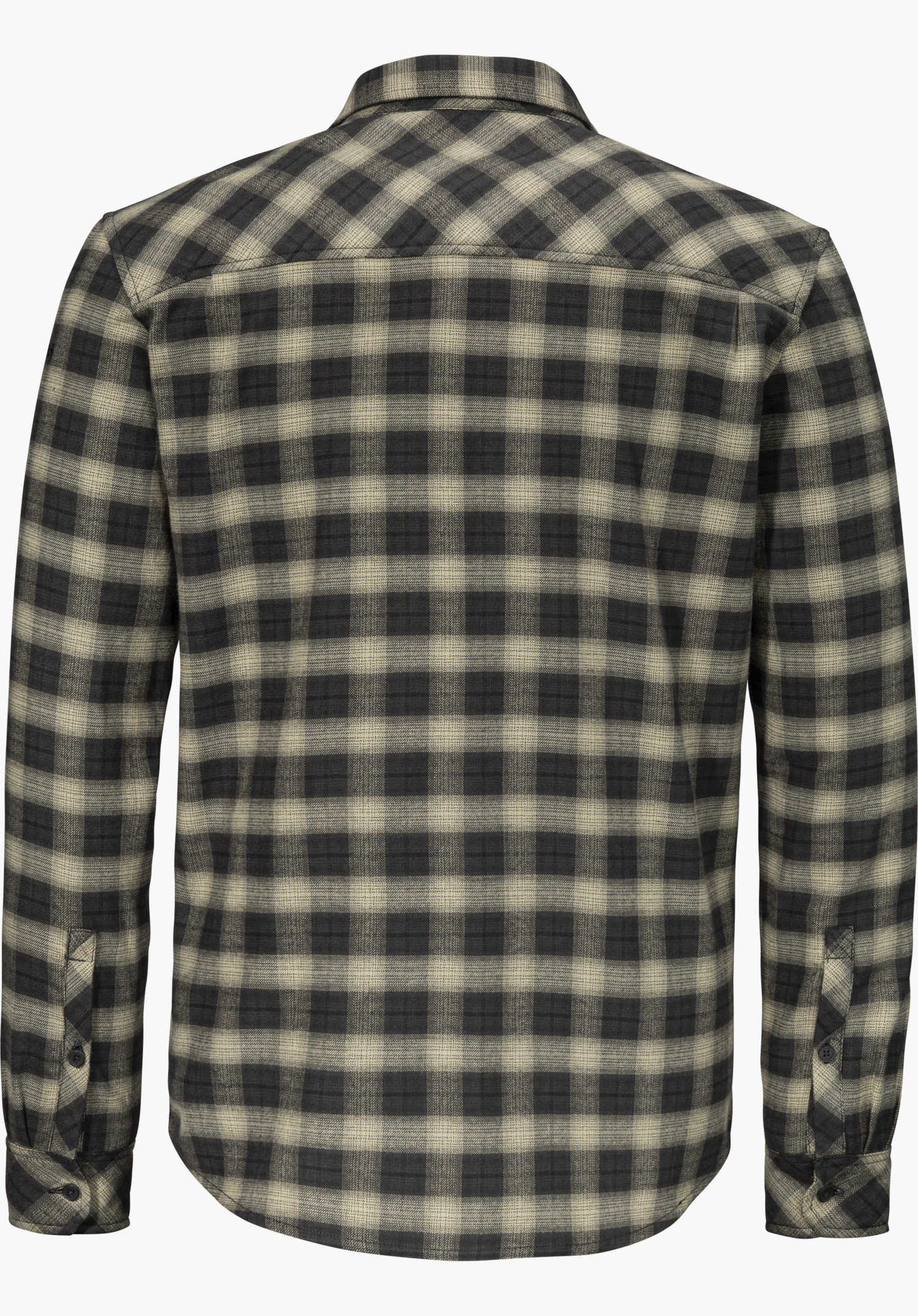 Shirt Style Kleion MNS flannel shirt in black, shown from the back and isolated on a white background.