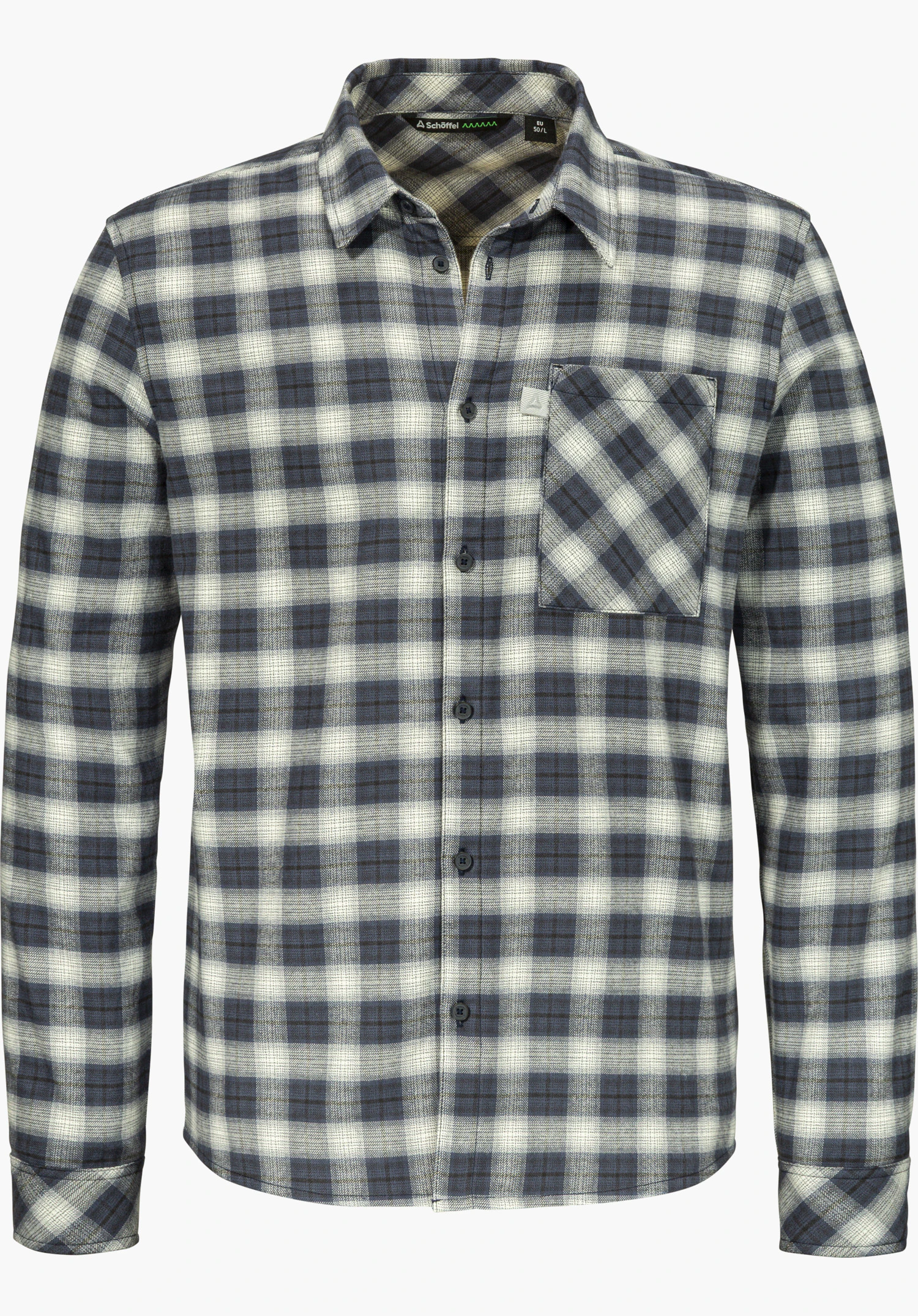 Shirt Style Kleion MNS Flanellhemd in blau mit kariertem Muster, Frontalansicht und sichtbarem Schöffel-Logo freigestellt vor weißem Hintergrund.