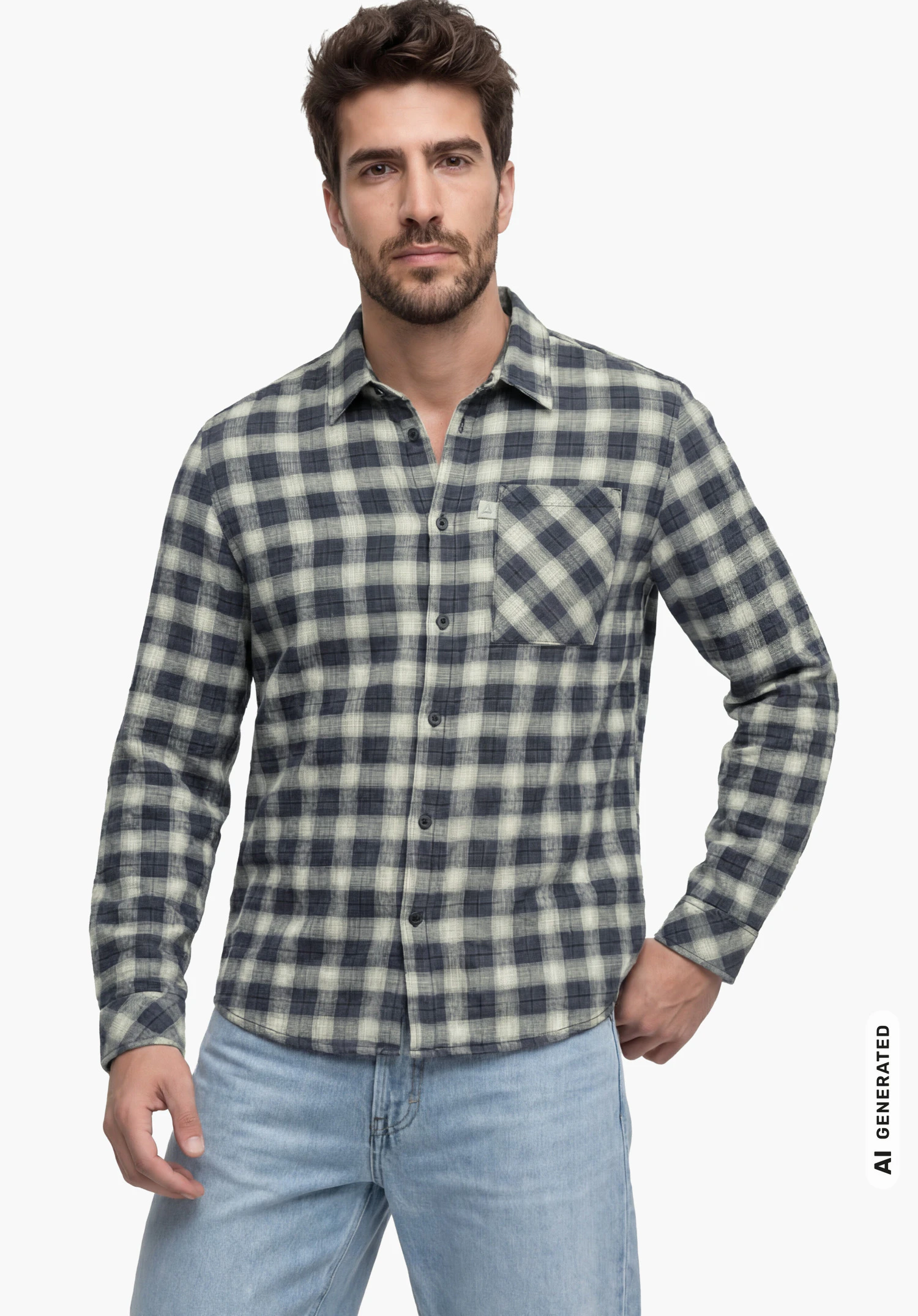 Shirt Style Kleion MNS in blau mit kariertem Muster, getragen von einem männlichen Model im aufrechten Stand und in Frontansicht mit einer Hand in der Hosentasche vor weißem Hintergrund. (KI-generiert)
