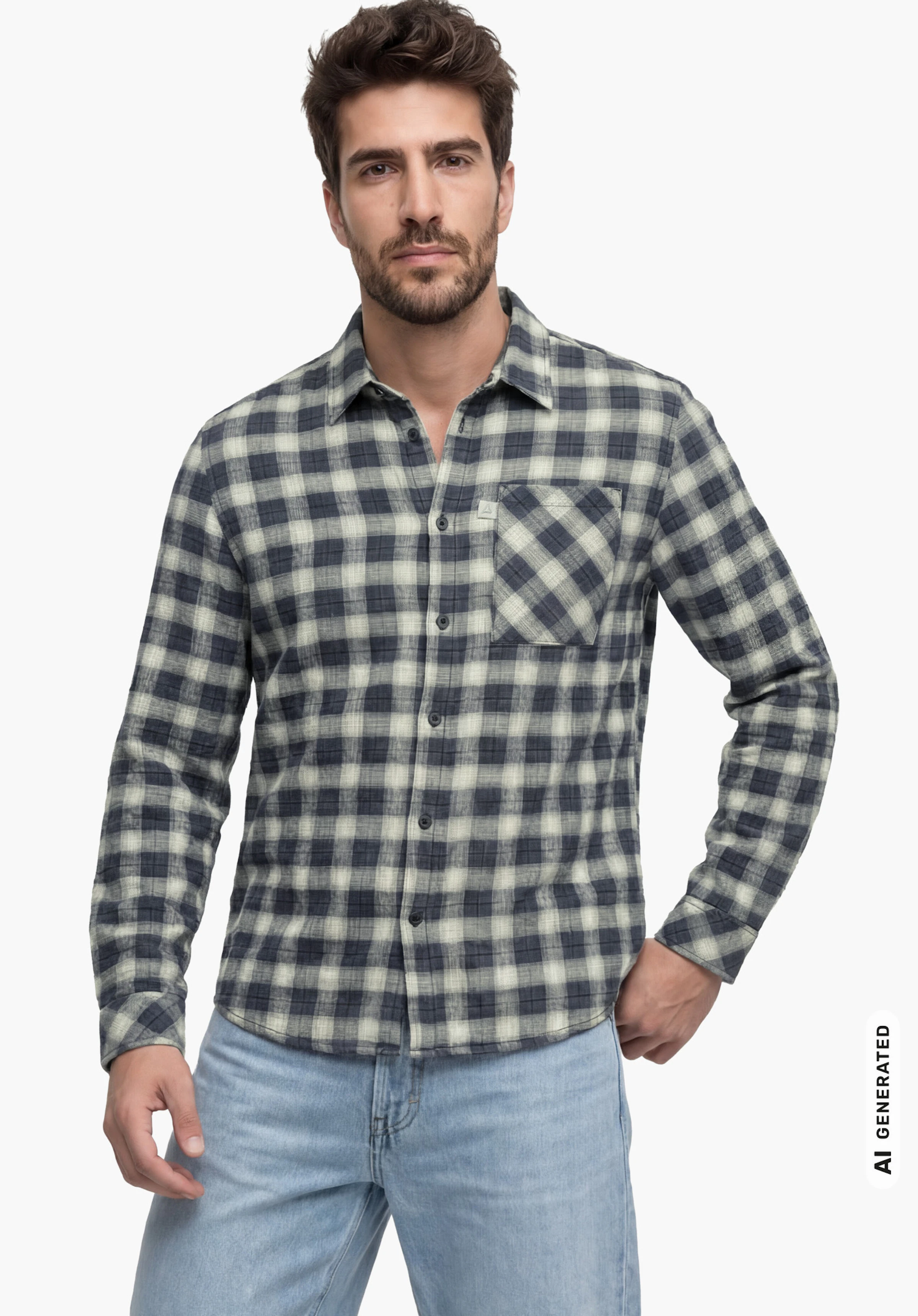 Shirt Style Kleion MNS in blue with checked pattern, worn by a male model standing upright and shown from the front with one hand in his trouser pocket against a white background. (AI-generated)