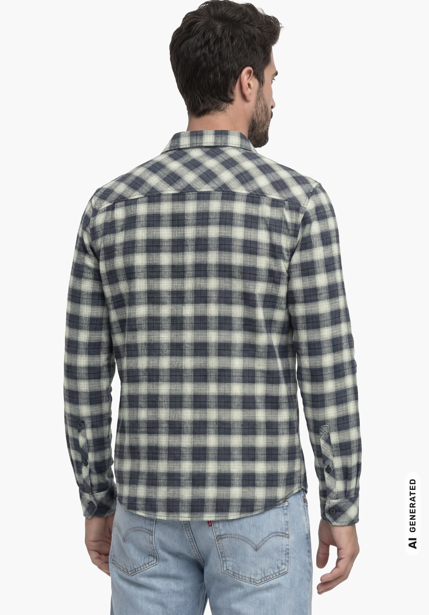Shirt Style Kleion MNS in blue, worn by a male model standing upright in a back view against a white background. (AI-generated)