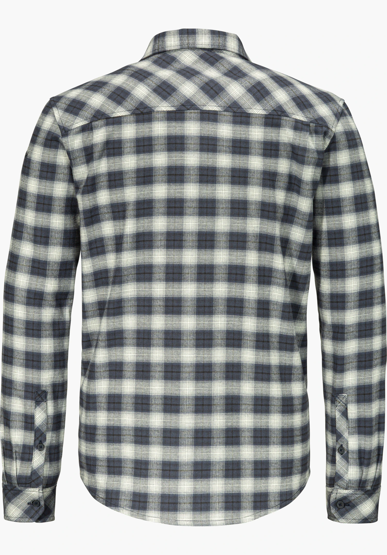 Shirt Style Kleion MNS flannel shirt in blue with a checked pattern, shown from the back and isolated on a white background.