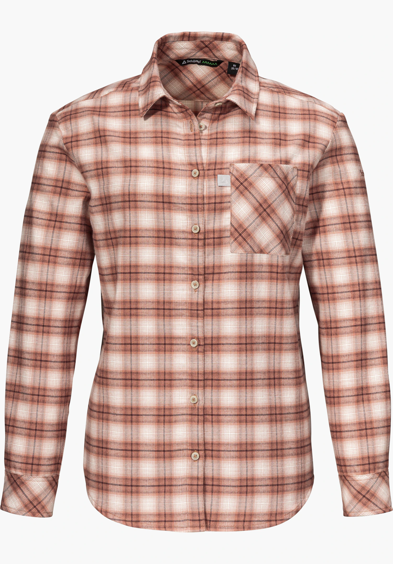 Blouse Style Kleion WMN shirt blouse in pink with a checked pattern, full-length button placket, chest pocket with Schöffel logo and long sleeves, isolated on a white background.