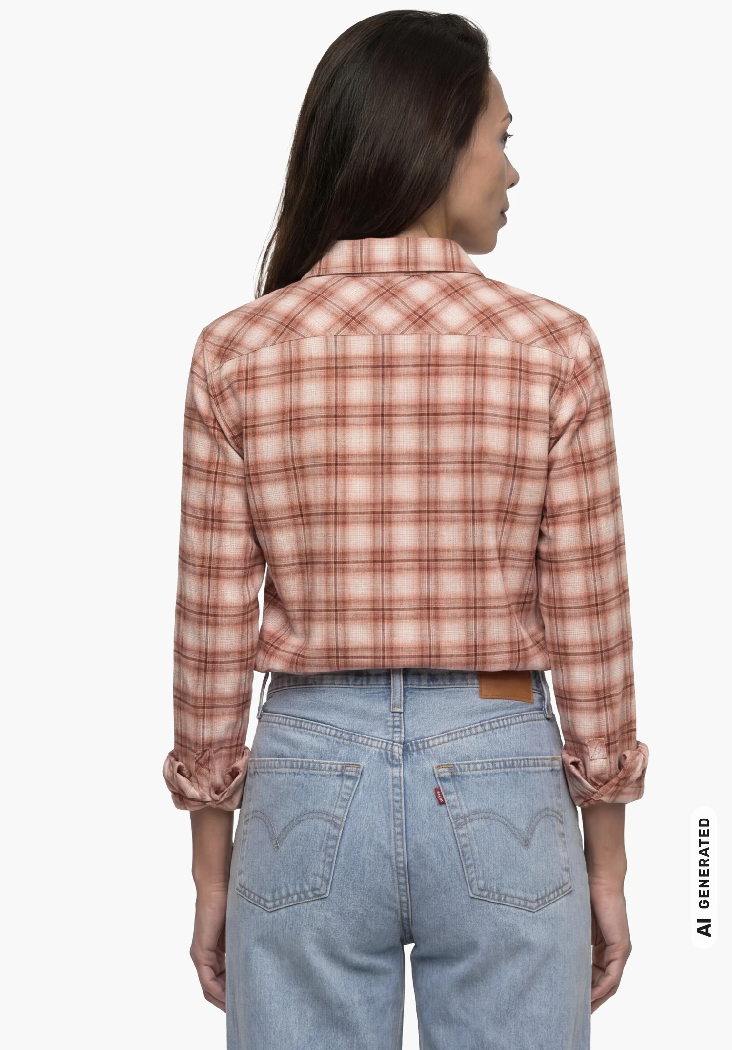 Blouse Style Kleion WMN in roze, gedragen door een vrouwelijk model dat rechtop staat en van achteren wordt getoond tegen een witte achtergrond. (AI-gegenereerd)