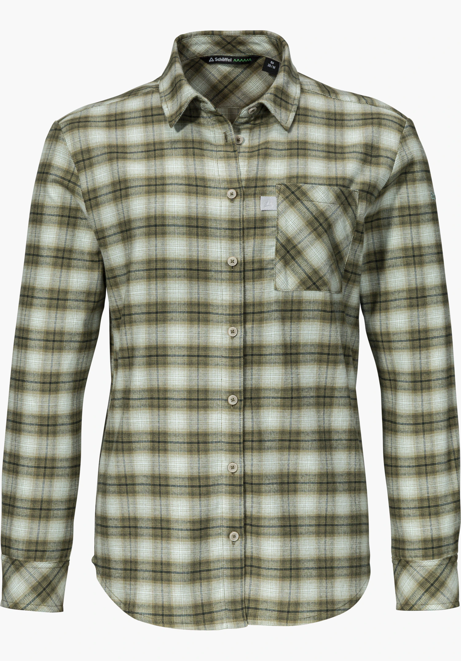 Blouse Style Kleion WMN shirt blouse in green with a classic collar, full-length button placket, chest pocket and visible Schöffel lettering on the inner collar, isolated on a white background.