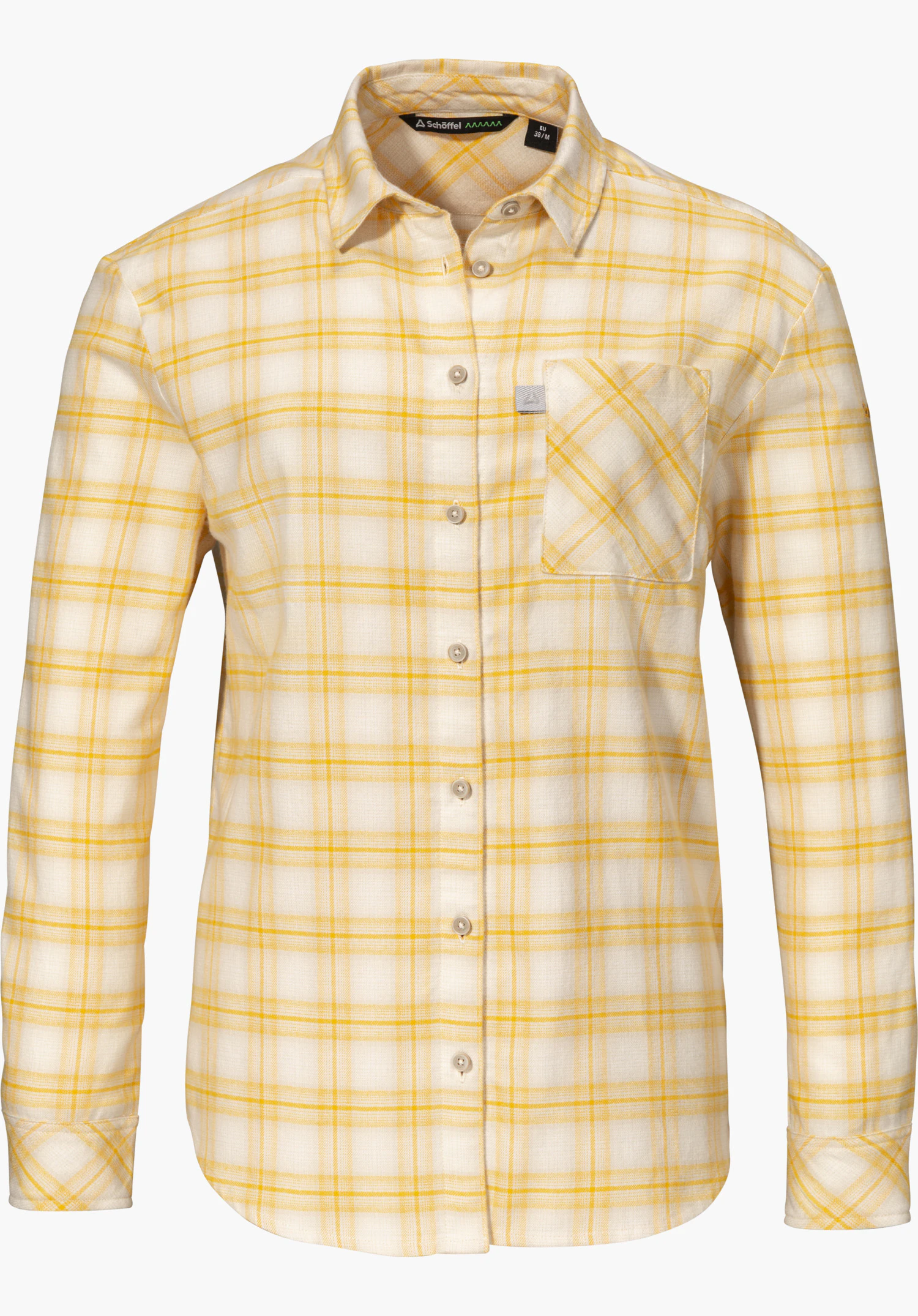 Blouse Style Kleion WMN shirt blouse in yellow with a checked pattern, full-length button placket, chest pocket and visible Schöffel lettering on the inner collar, isolated on a white background.