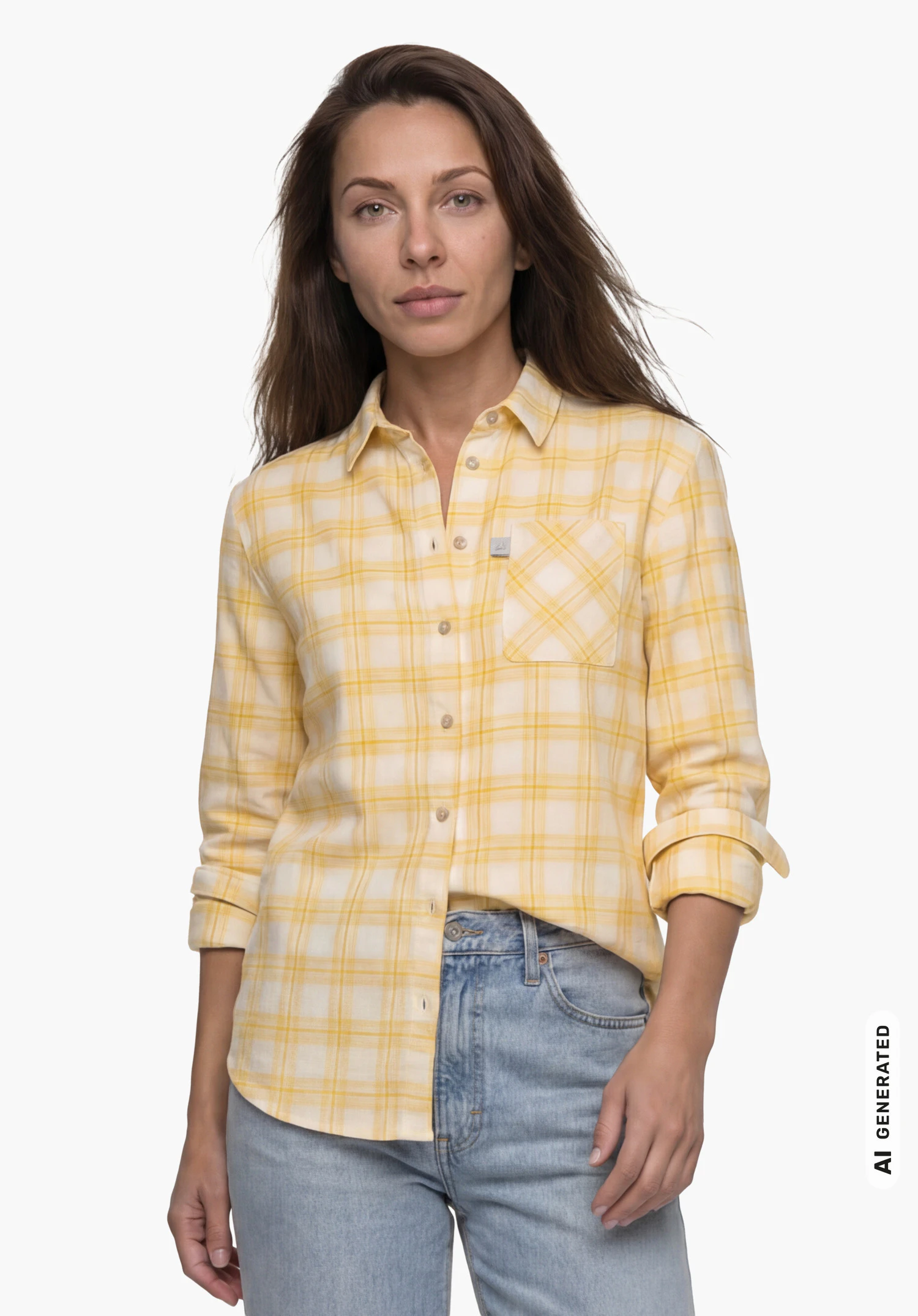 Blouse Style Kleion WMN in yellow with a checked pattern, worn by a female model shown from the front standing upright with arms hanging down against a white background. (AI-generated)