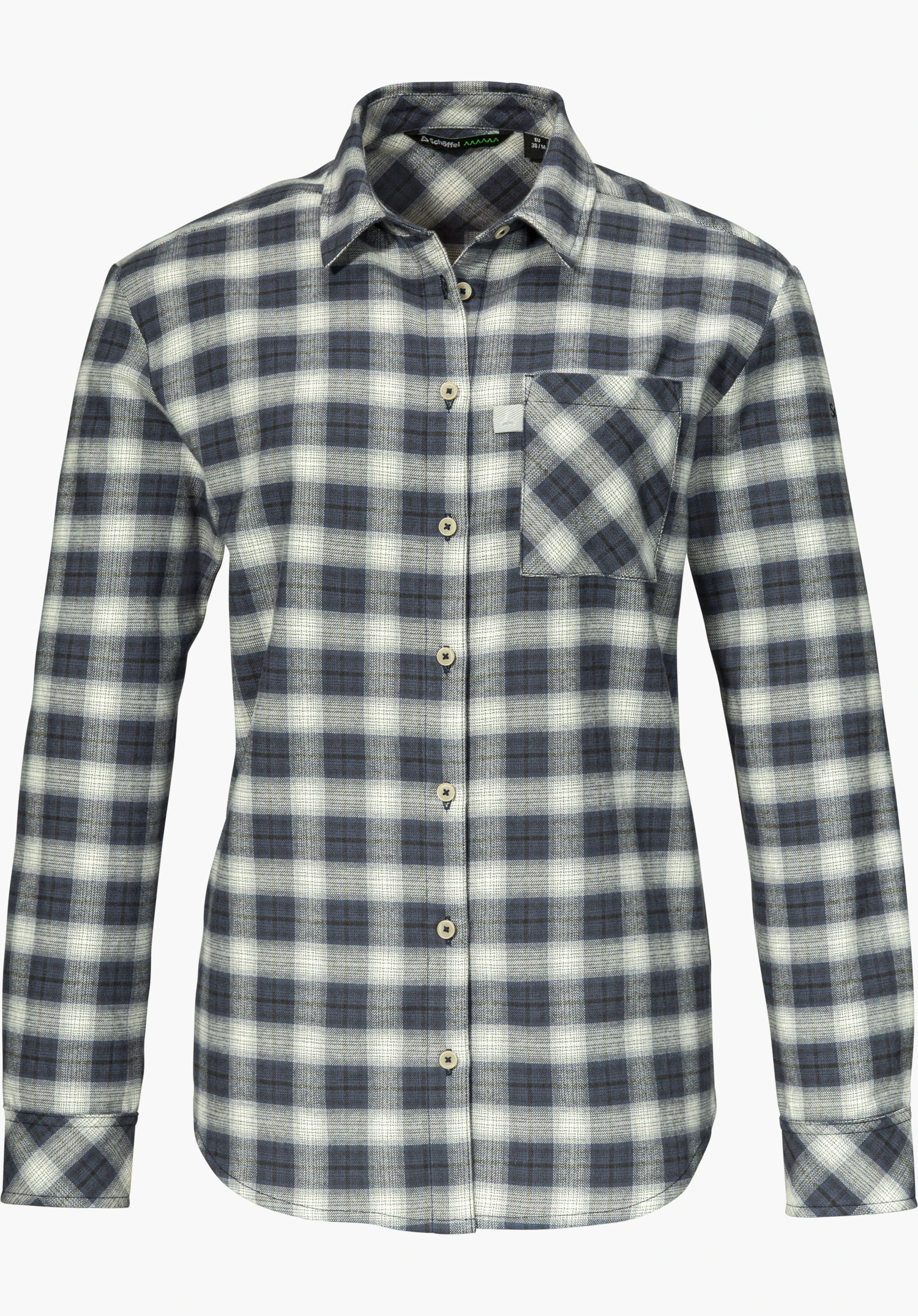 Blouse Style Kleion WMN shirt blouse in blue with a checked pattern, button placket and chest pocket with subtle Schöffel logo, isolated on a white background.