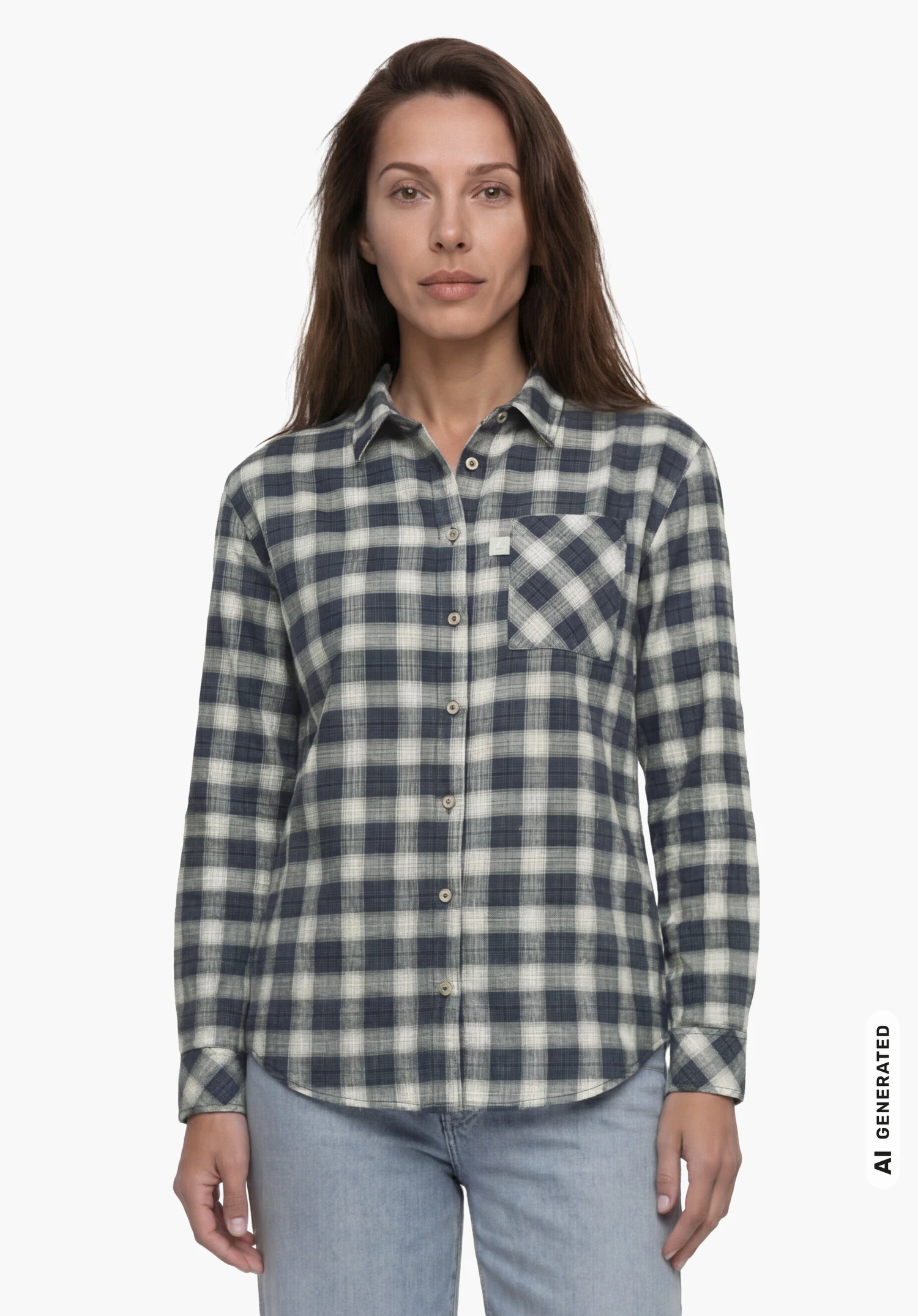 Blouse Style Kleion WMN in blue with a checked pattern and Schöffel logo on the chest pocket, worn by a female model standing upright and shown from the front against a white background. (AI-generated)
