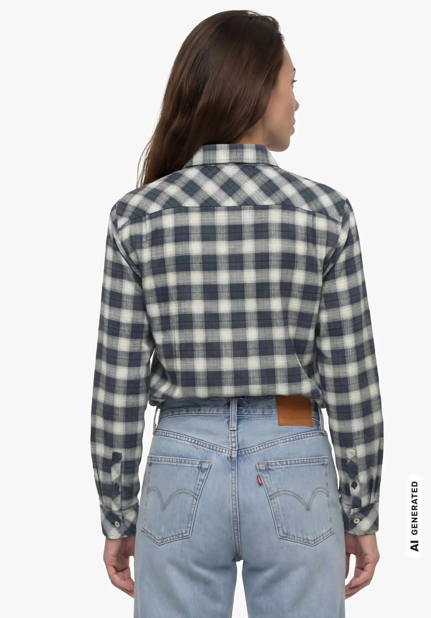Blouse Style Kleion WMN in blauw, gedragen door een vrouwelijk model dat rechtop staat en van achteren wordt getoond met de armen langs het lichaam tegen een witte achtergrond. (AI-gegenereerd)